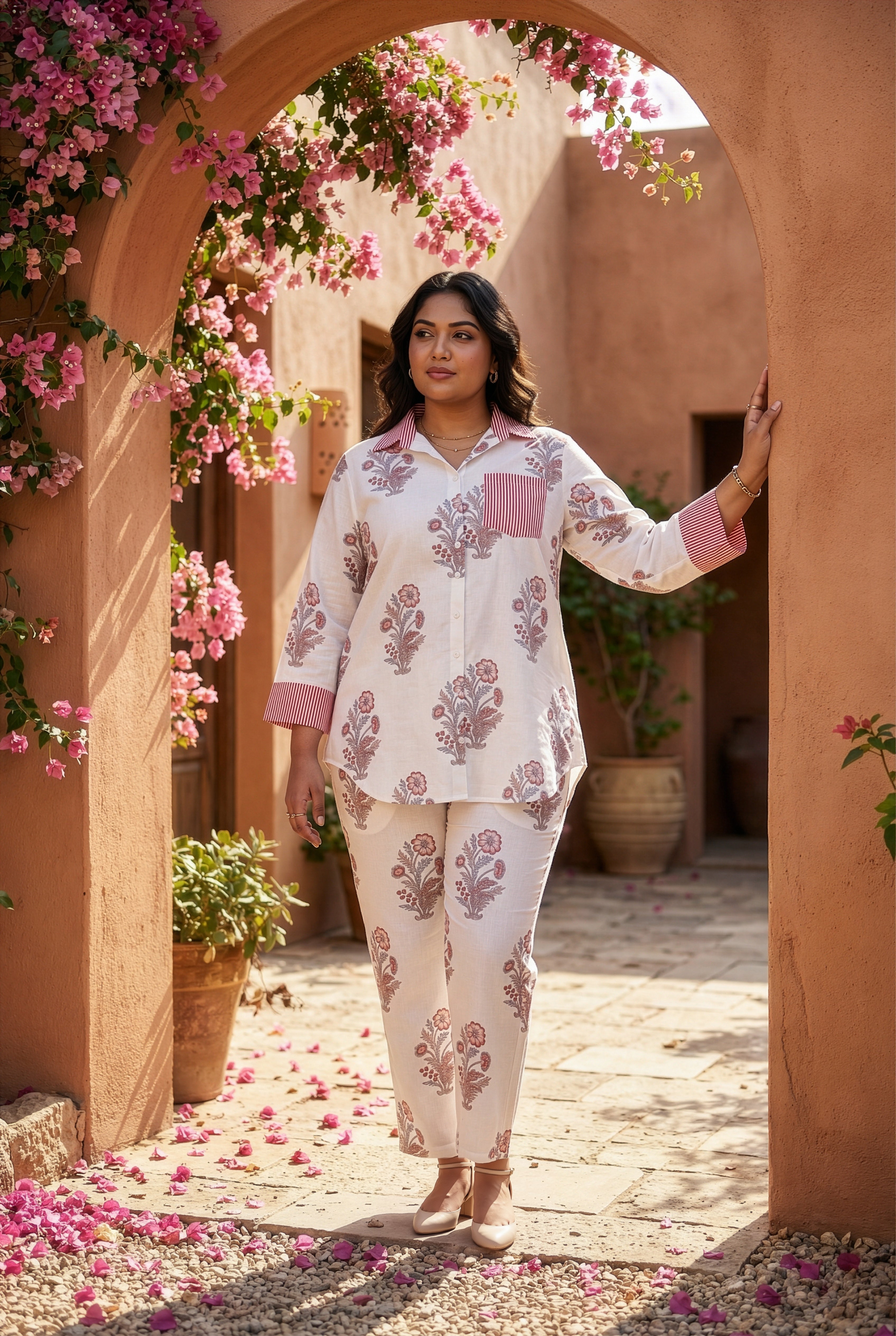 Regular Pink Floral Cotton Co-ord Set for Women – Printed Shirt & Pant Set