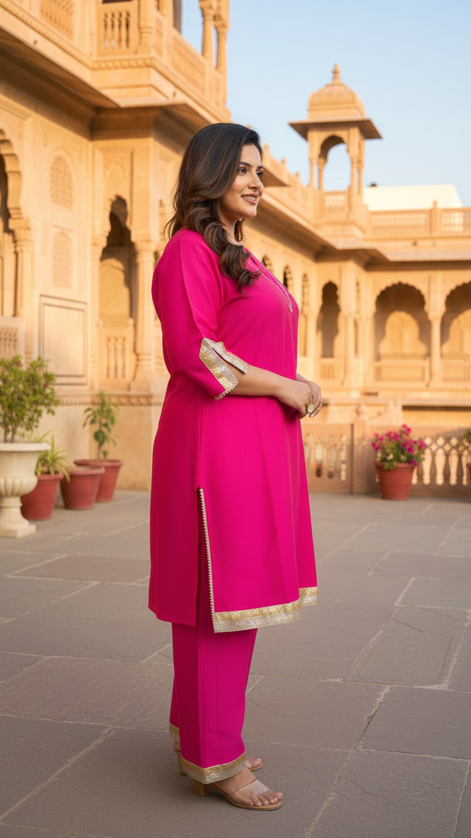 Plus Size Rani Pink Taffeta Straight Kurta Set with Gold Gota Work For Women
