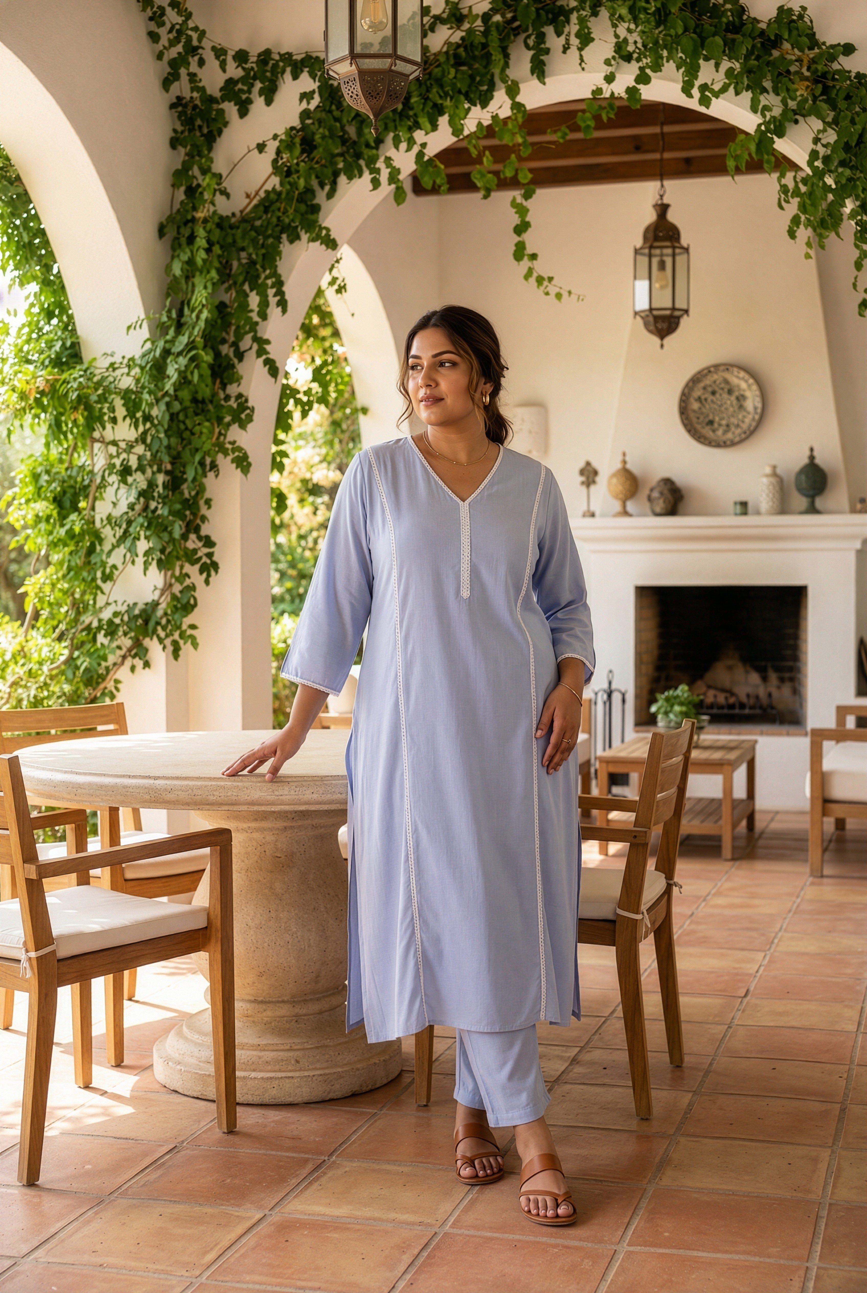 Powder Blue Modal Kurta Set with Lace Accents (Set of 2)