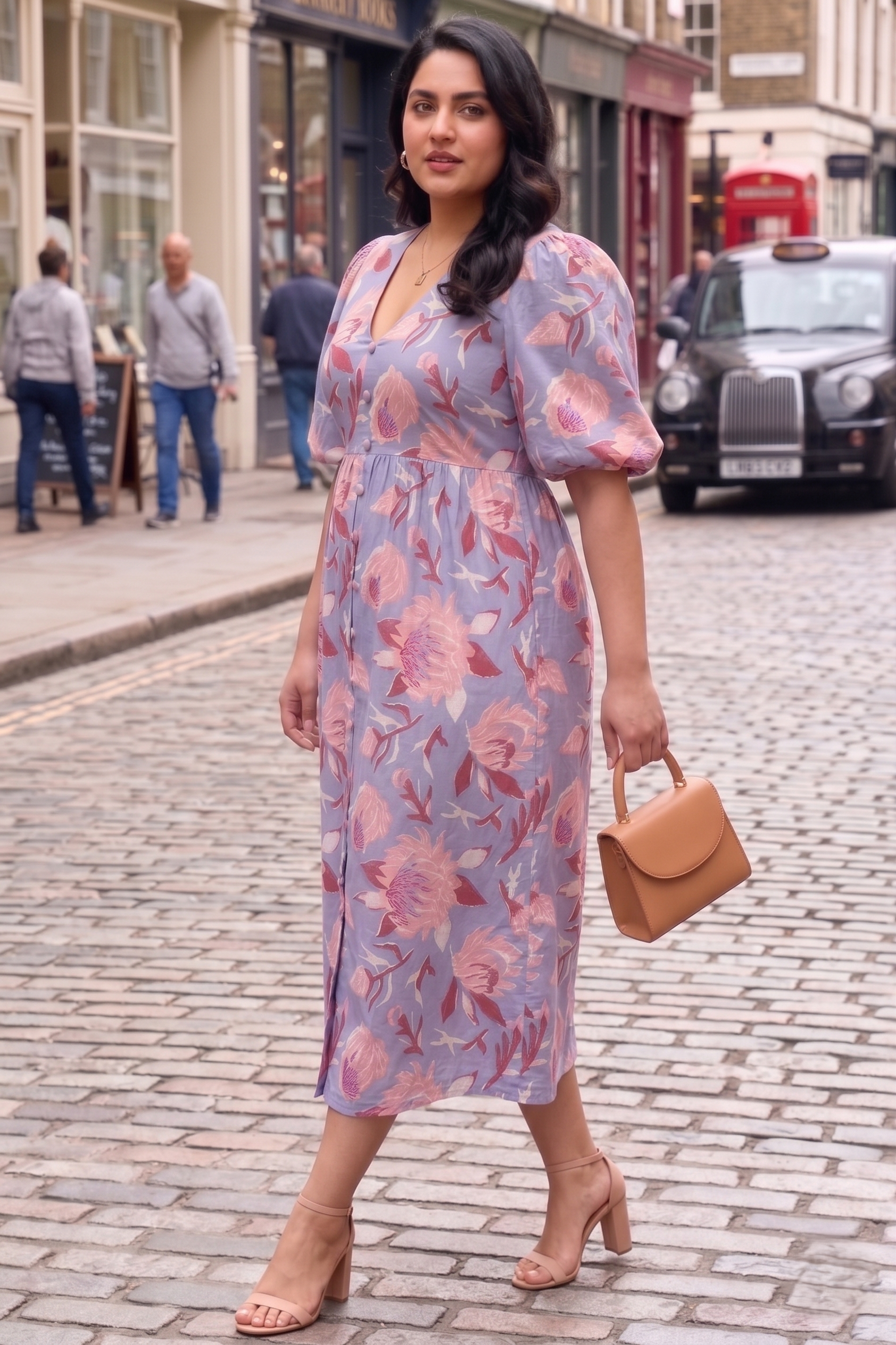 Plus Size Cotton Lilac Floral Midi Dress – V-Neck Puff Sleeve Summer Dress