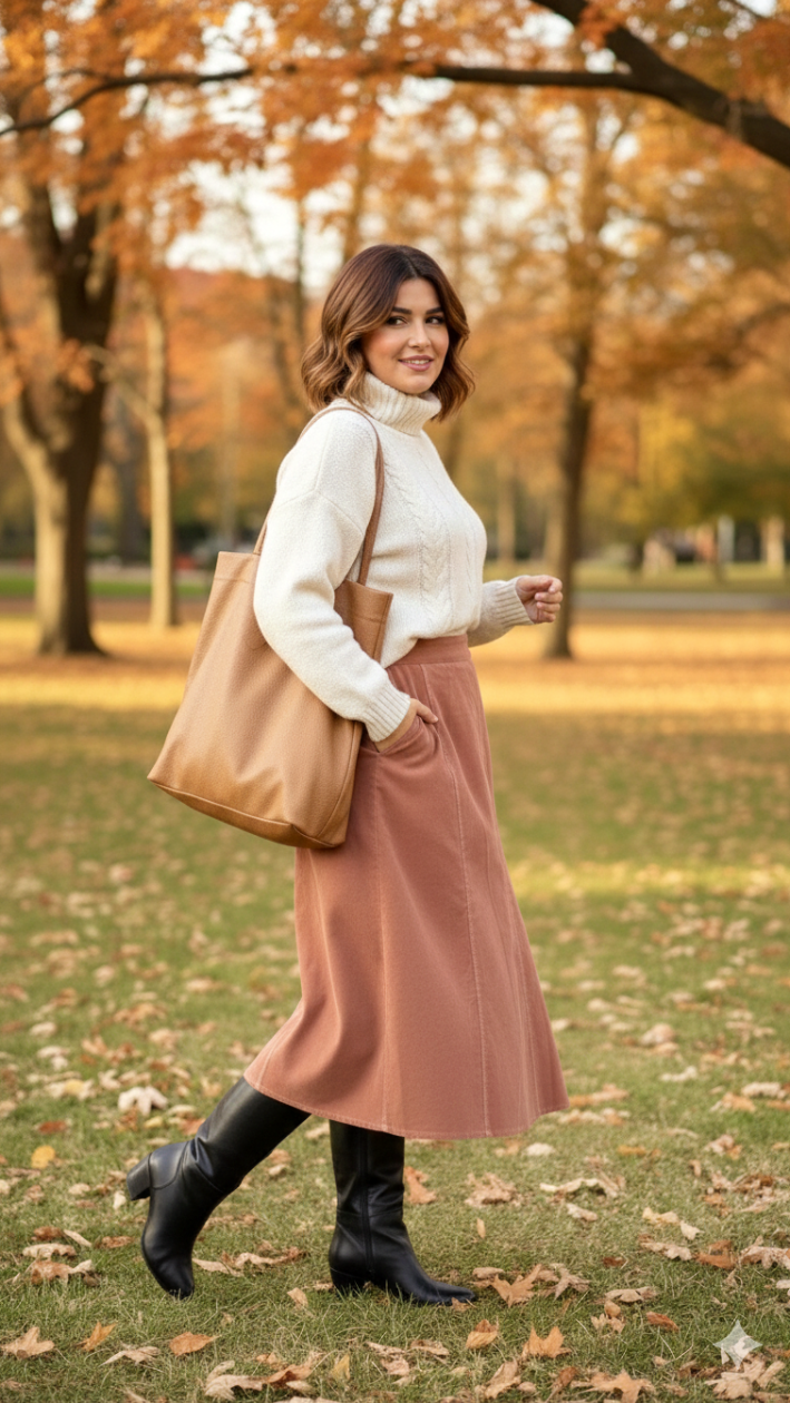 Pink High-Waisted Corduroy Midi Skirt