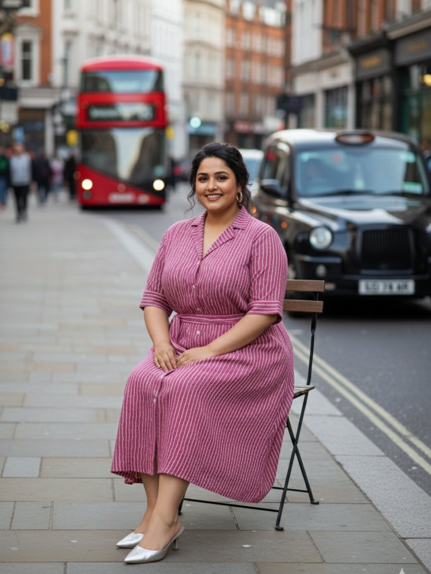 Mauve Pink Striped Cotton Shirt Dress