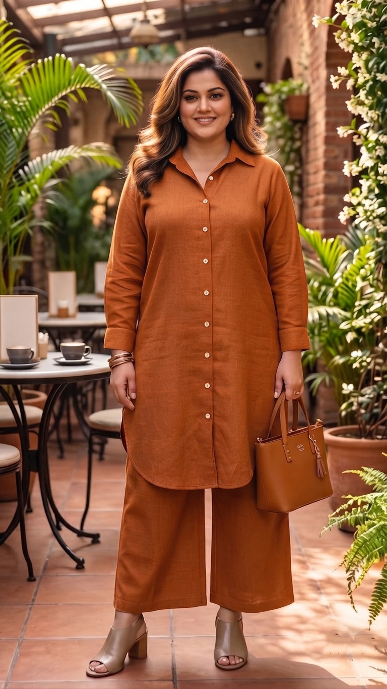 Plus Size Rust Cotton Co-ord Set for Women | Solid Button-Down Kurta with Wide-Leg Pants