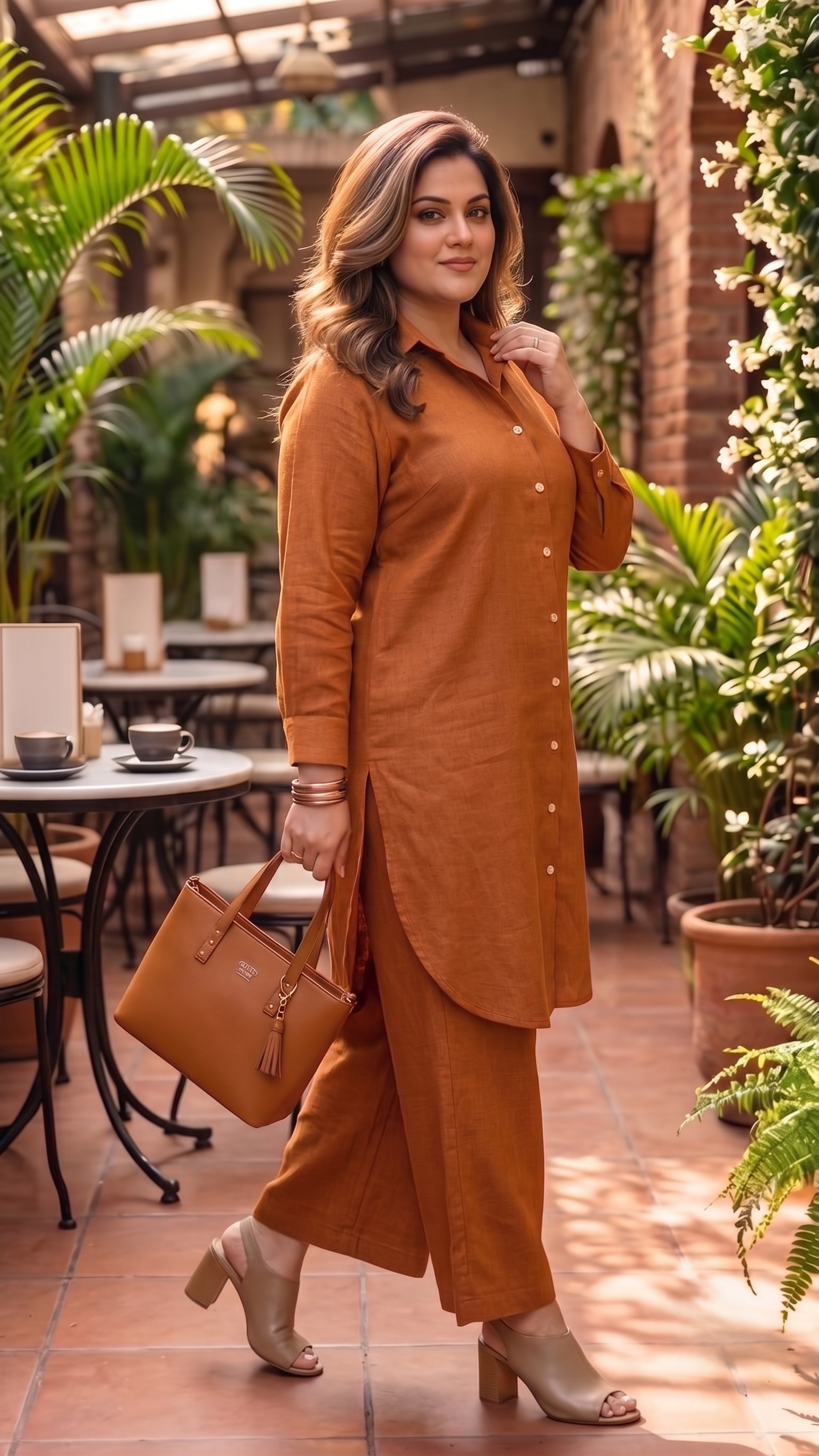 Plus Size Rust Cotton Co-ord Set for Women | Solid Button-Down Kurta with Wide-Leg Pants