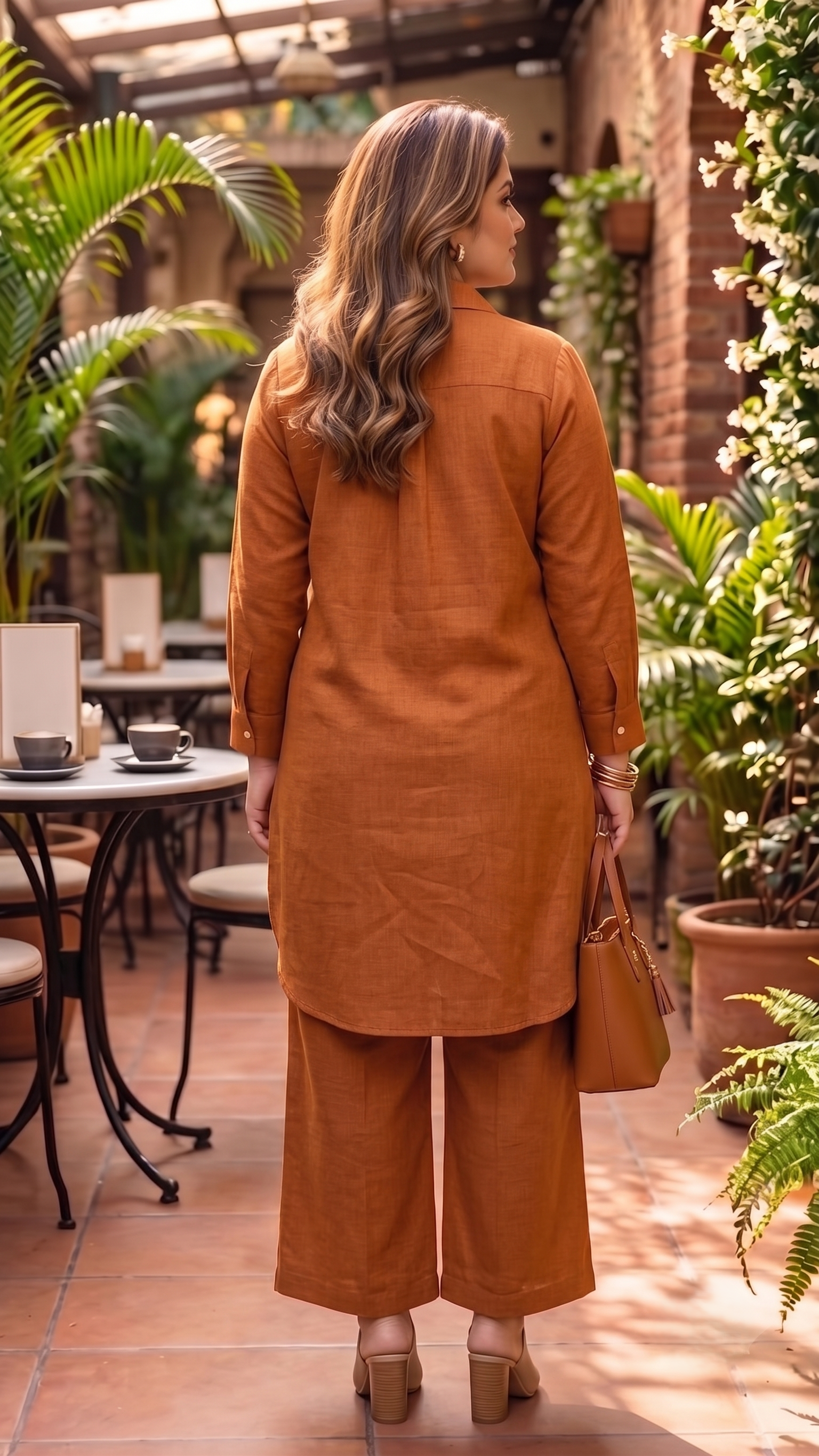 Plus Size Rust Cotton Co-ord Set for Women | Solid Button-Down Kurta with Wide-Leg Pants