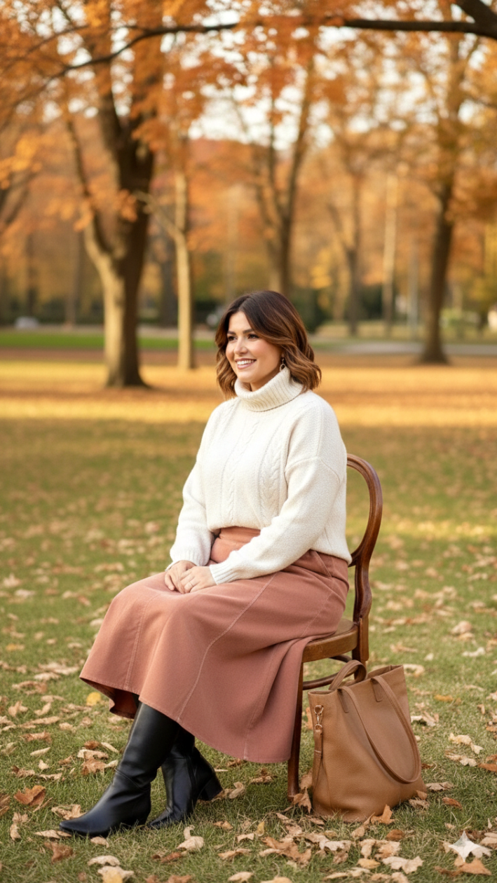 Pink High-Waisted Corduroy Midi Skirt