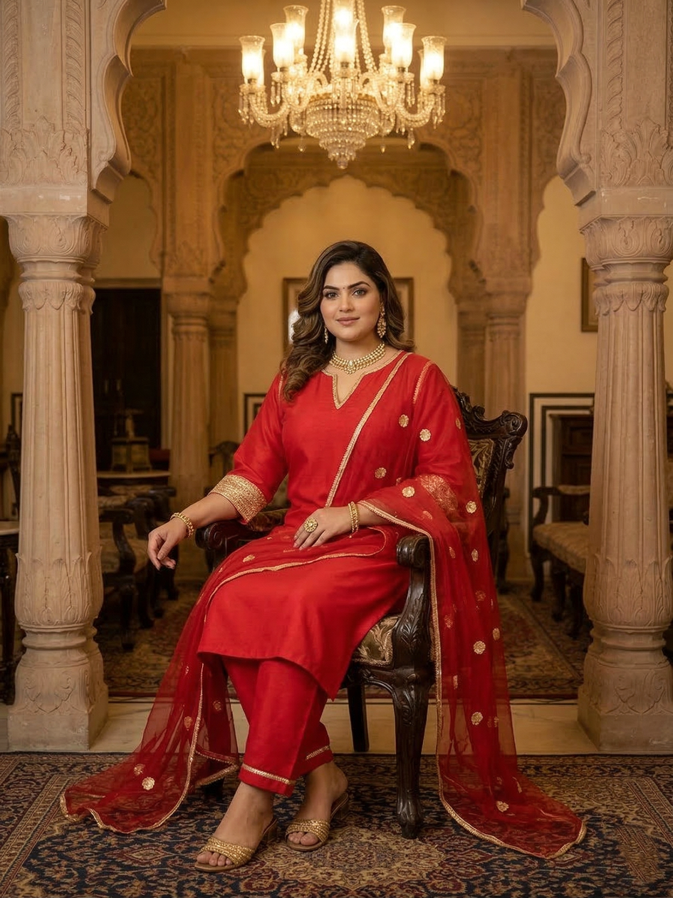 Plus Size Women Elegant Red Silk Kurta Set - Festive Ethnic Wear with Dupatta