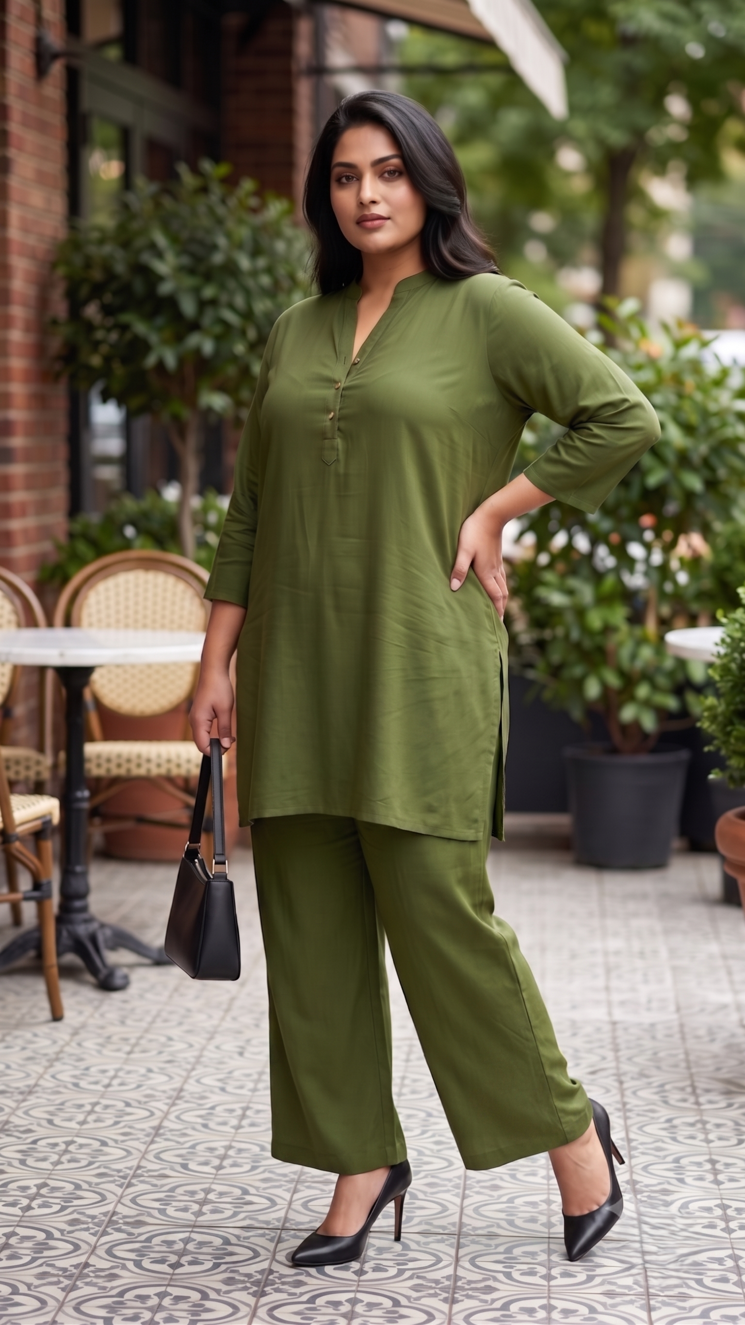 Plus Size Mehendi Green Soft Viscose Co-ord Set for Women | Solid Kurta & Straight Pants