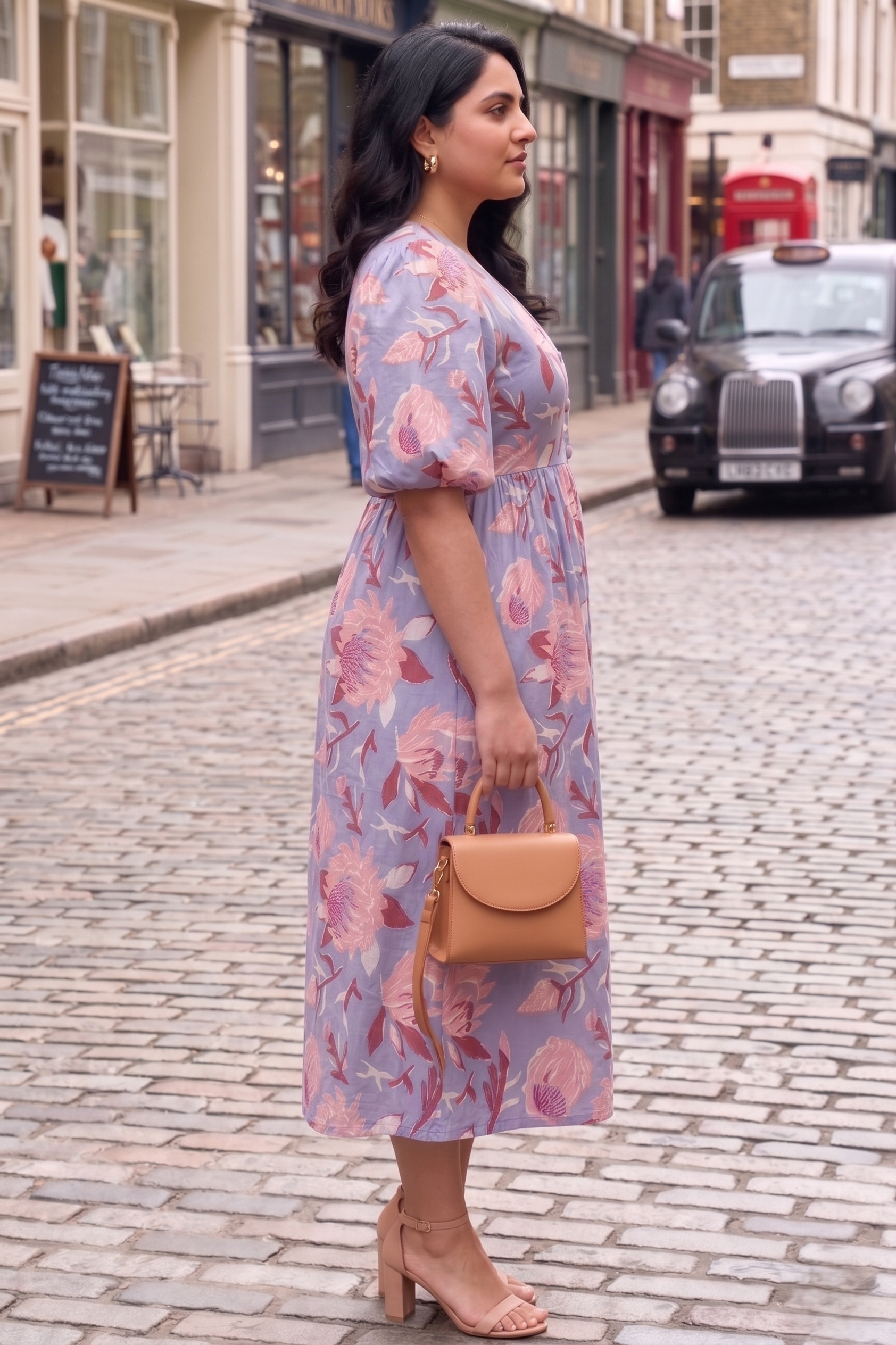 Plus Size Cotton Lilac Floral Midi Dress – V-Neck Puff Sleeve Summer Dress