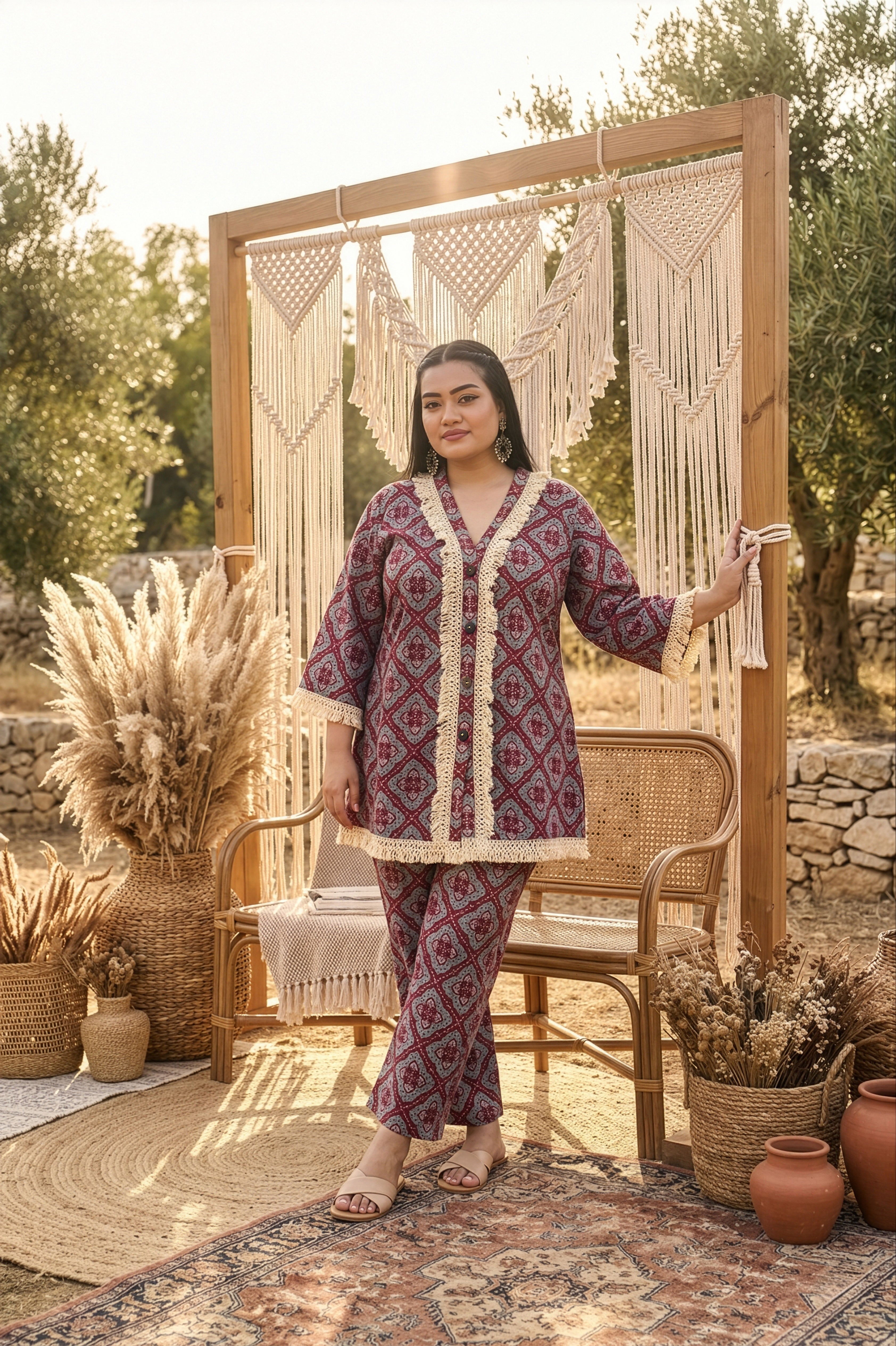 Boho Fringe Lace Floral Cotton Co-ord Set