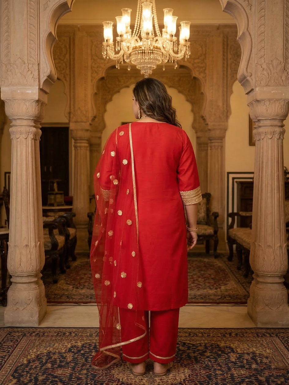 Plus Size Women Elegant Red Silk Kurta Set - Festive Ethnic Wear with Dupatta