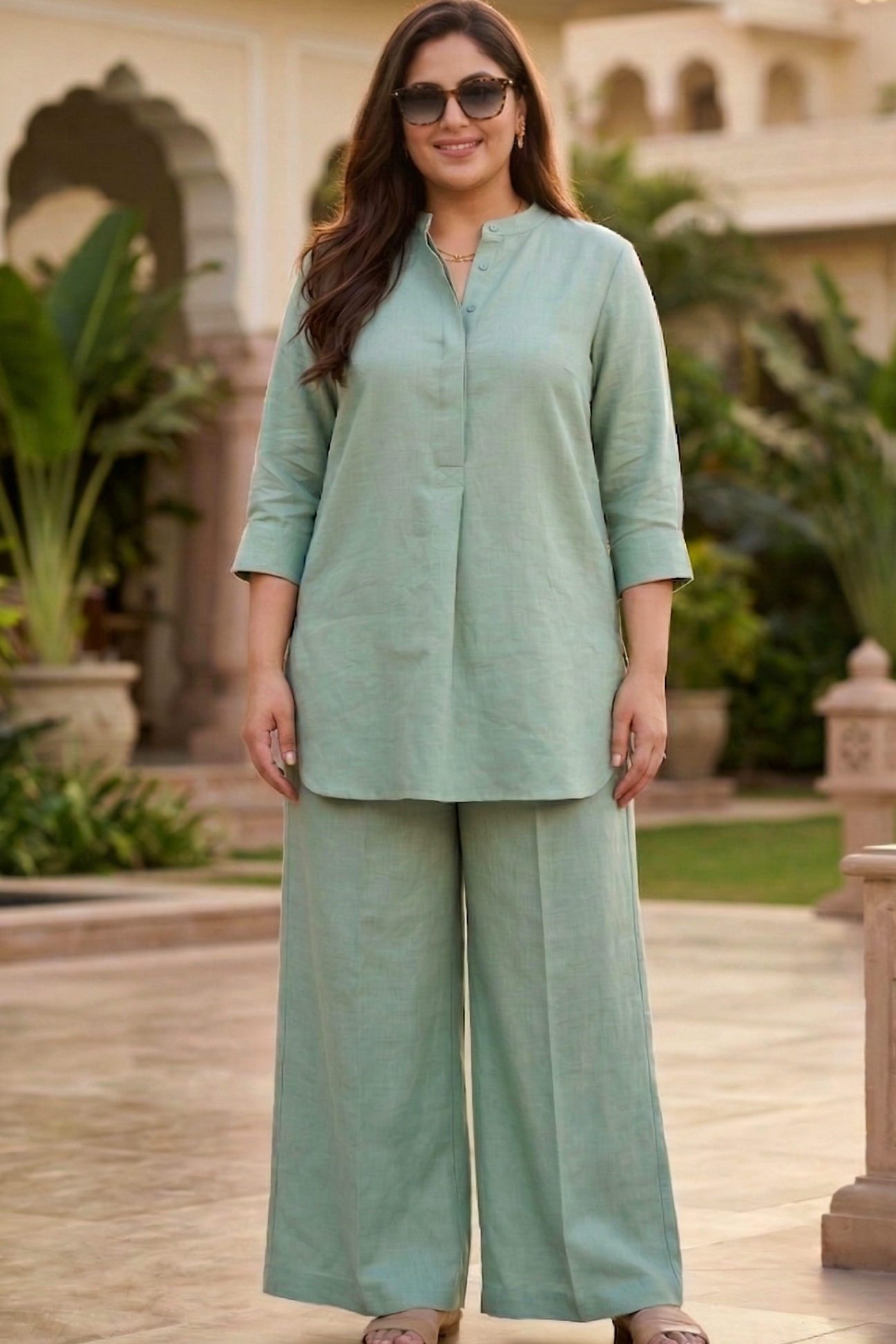 Plus Size Solid Linen Co-ord Set for Women | Elegant Kurta Co-ord Set