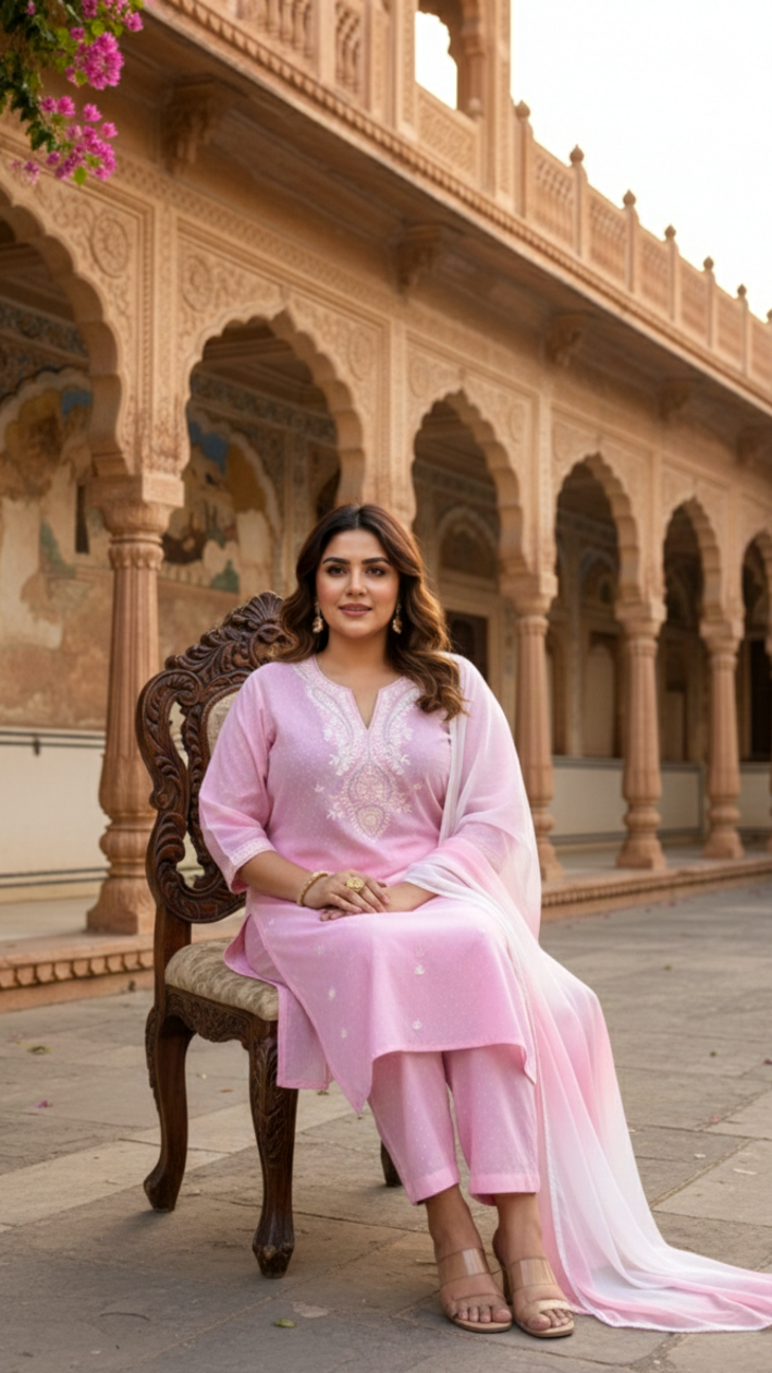 Plus Size Women’s Pink Embroidered Kurta Set with Dupatta – Festive Ethnic Wear