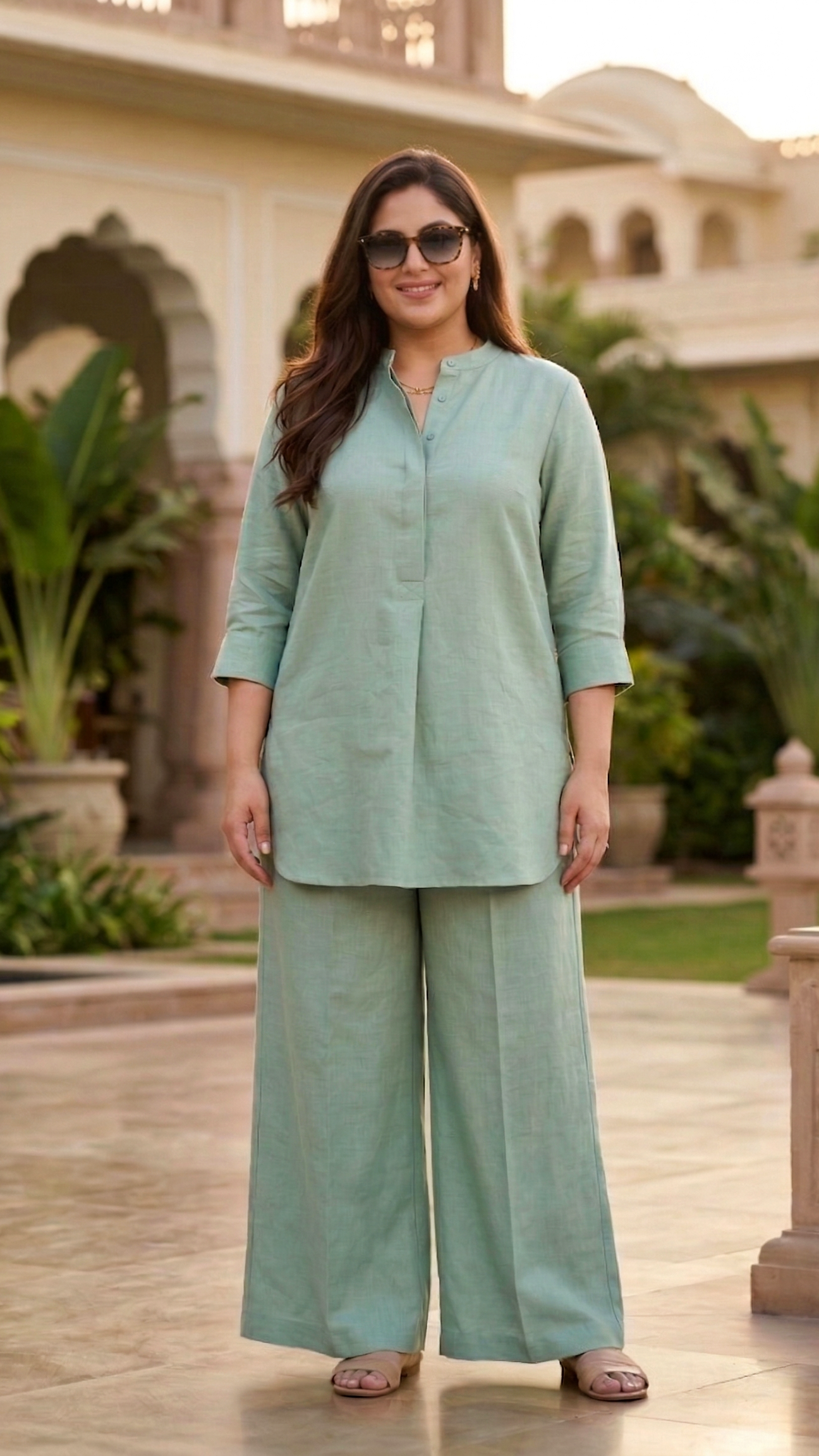 Plus Size Solid Linen Co-ord Set for Women | Elegant Kurta Co-ord Set