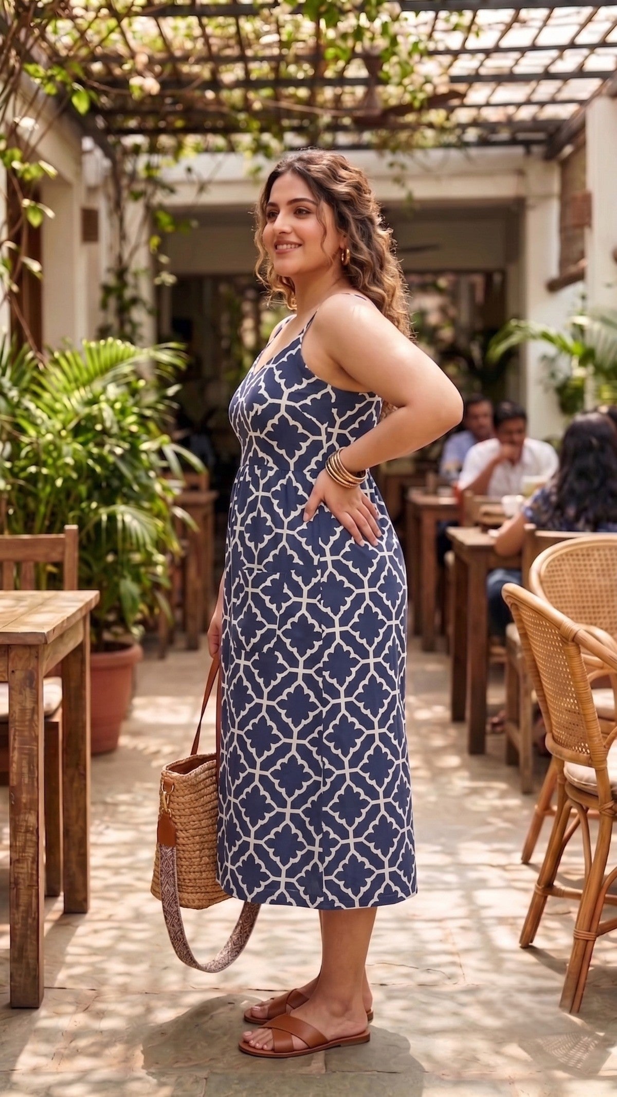 Plus Size Navy Blue Geometric Printed Cotton Midi Dress for Women | Sleeveless Button-Front Dress