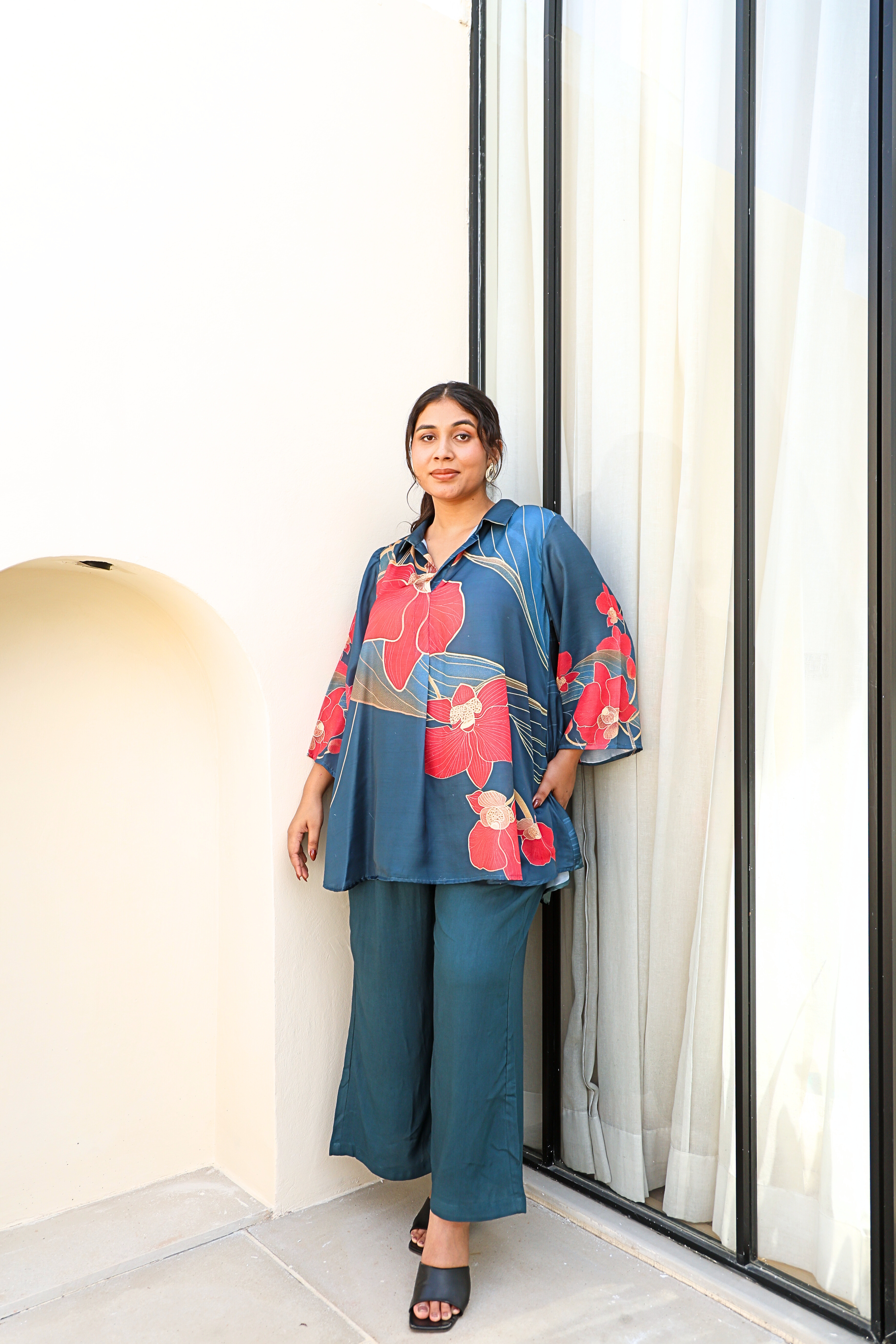 Flowy Satin Teal Co-ord Set with Digital Floral Print