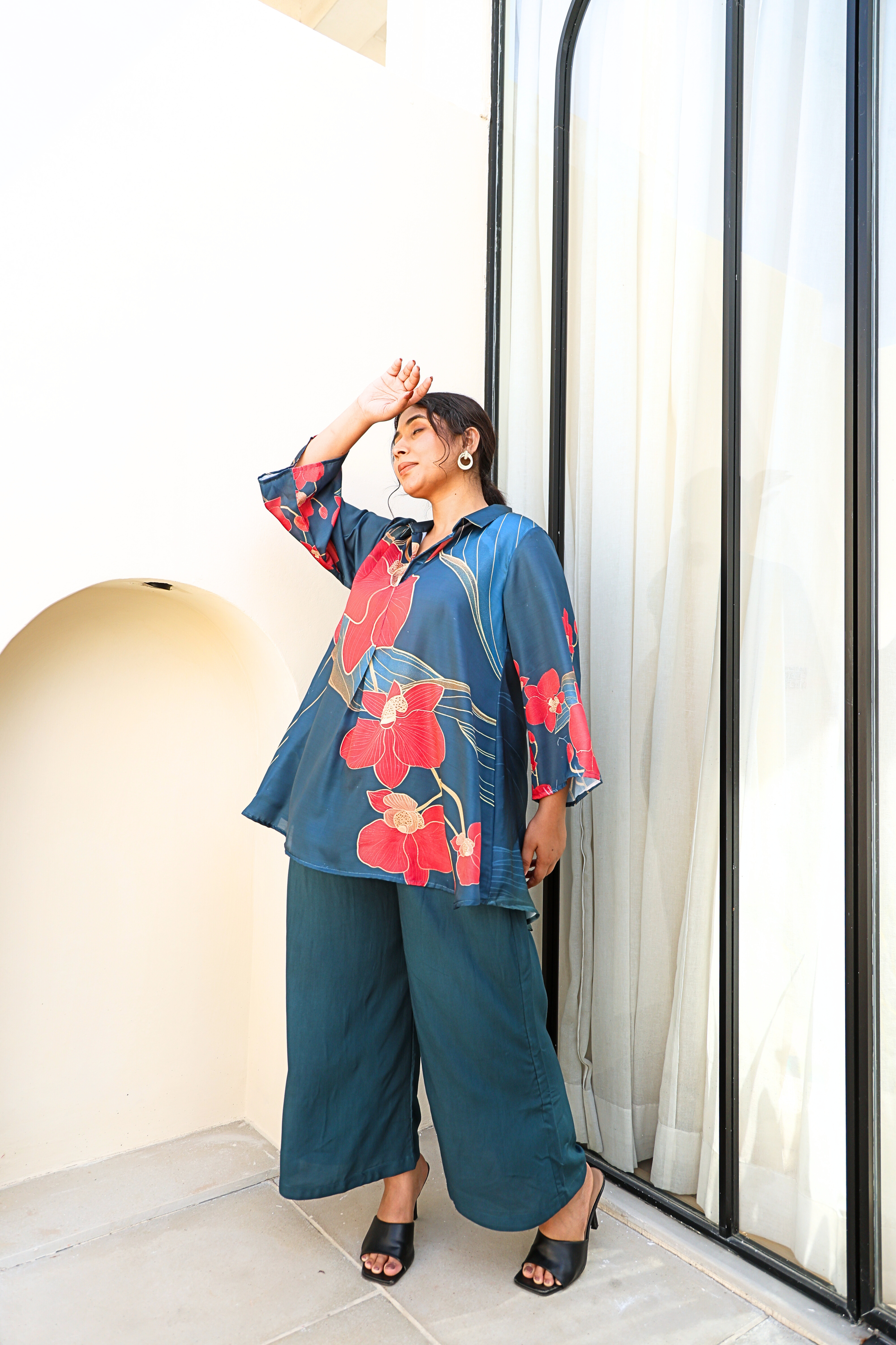 Flowy Satin Teal Co-ord Set with Digital Floral Print