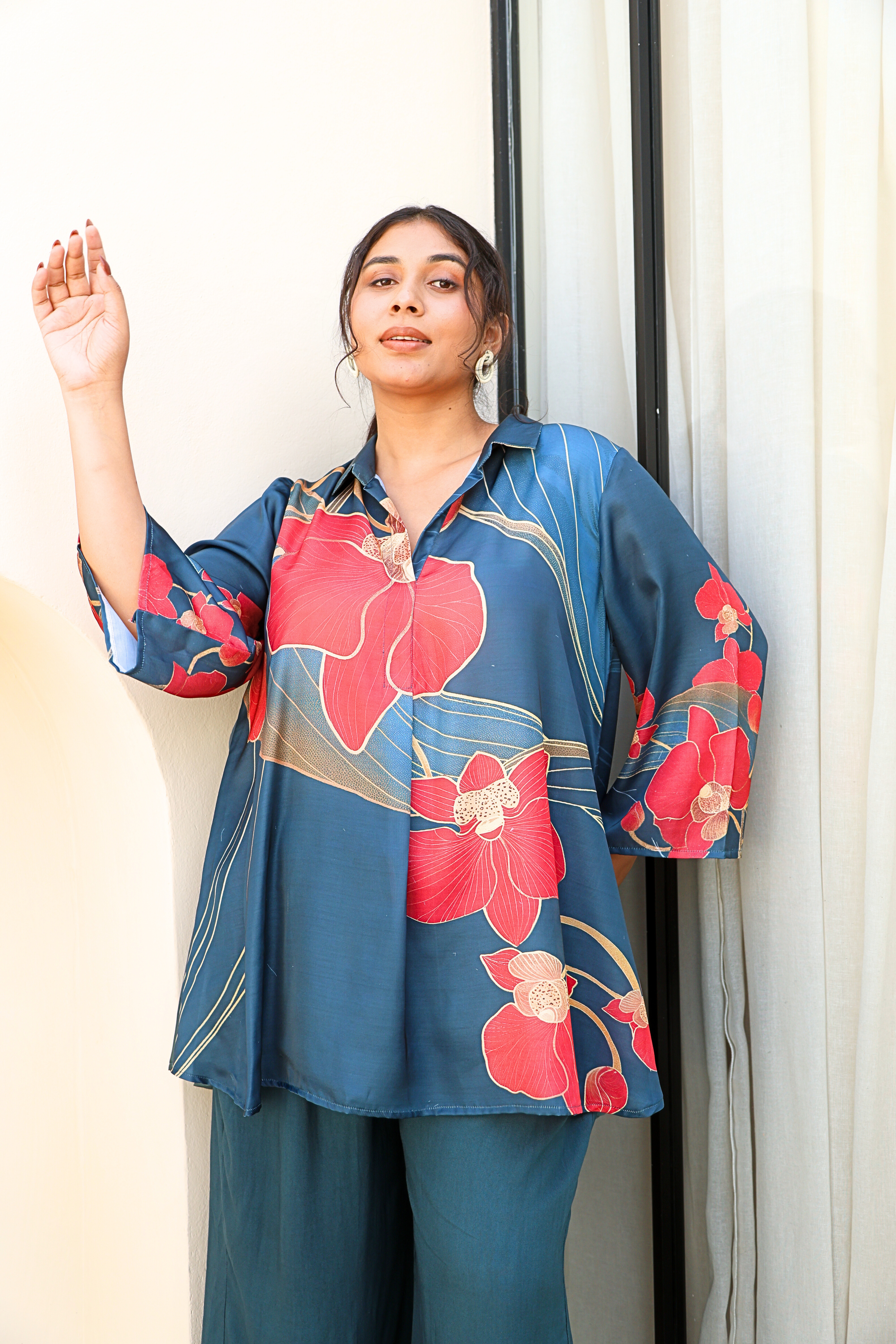 Flowy Satin Teal Co-ord Set with Digital Floral Print