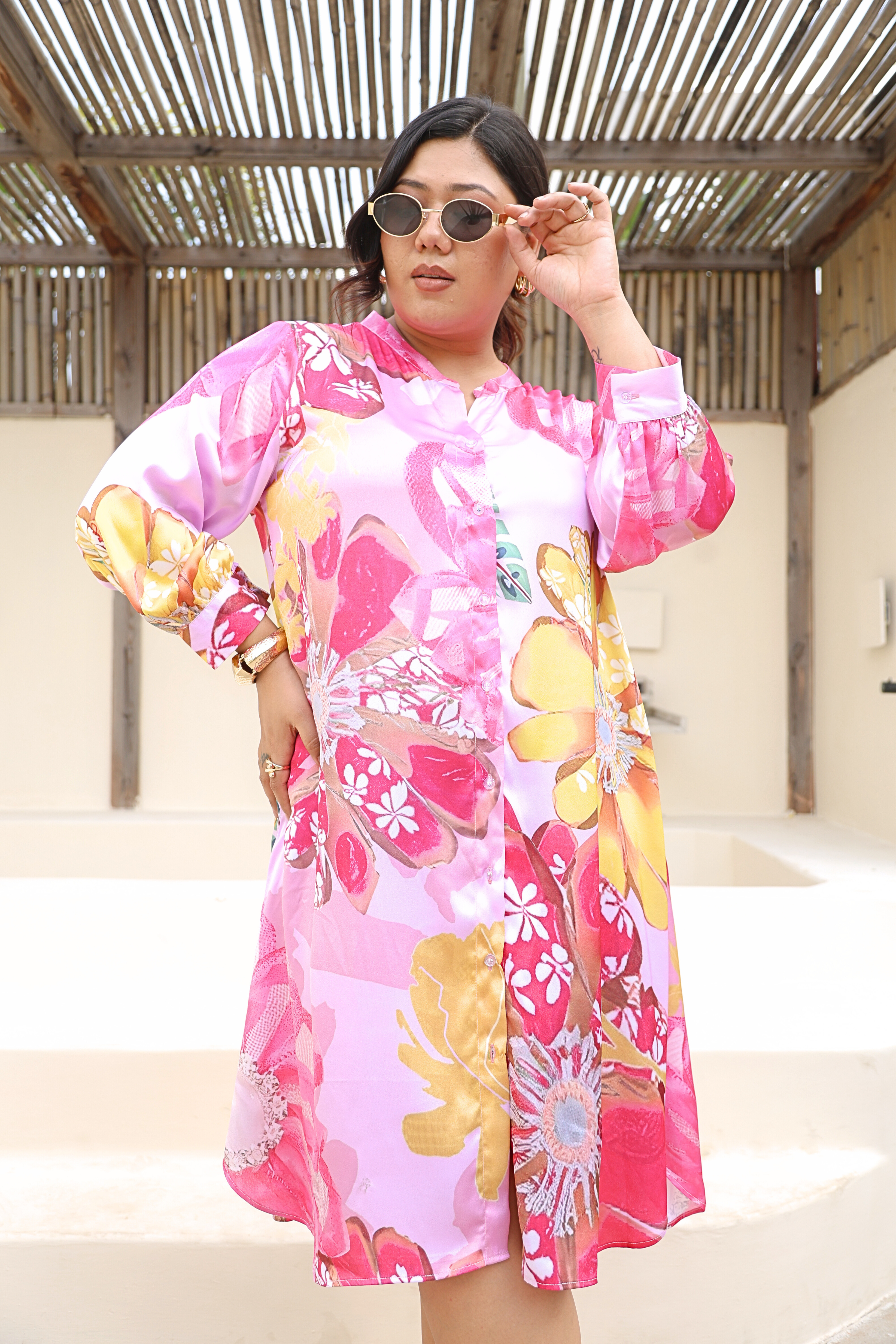 Pink Floral Print Shirt Dress