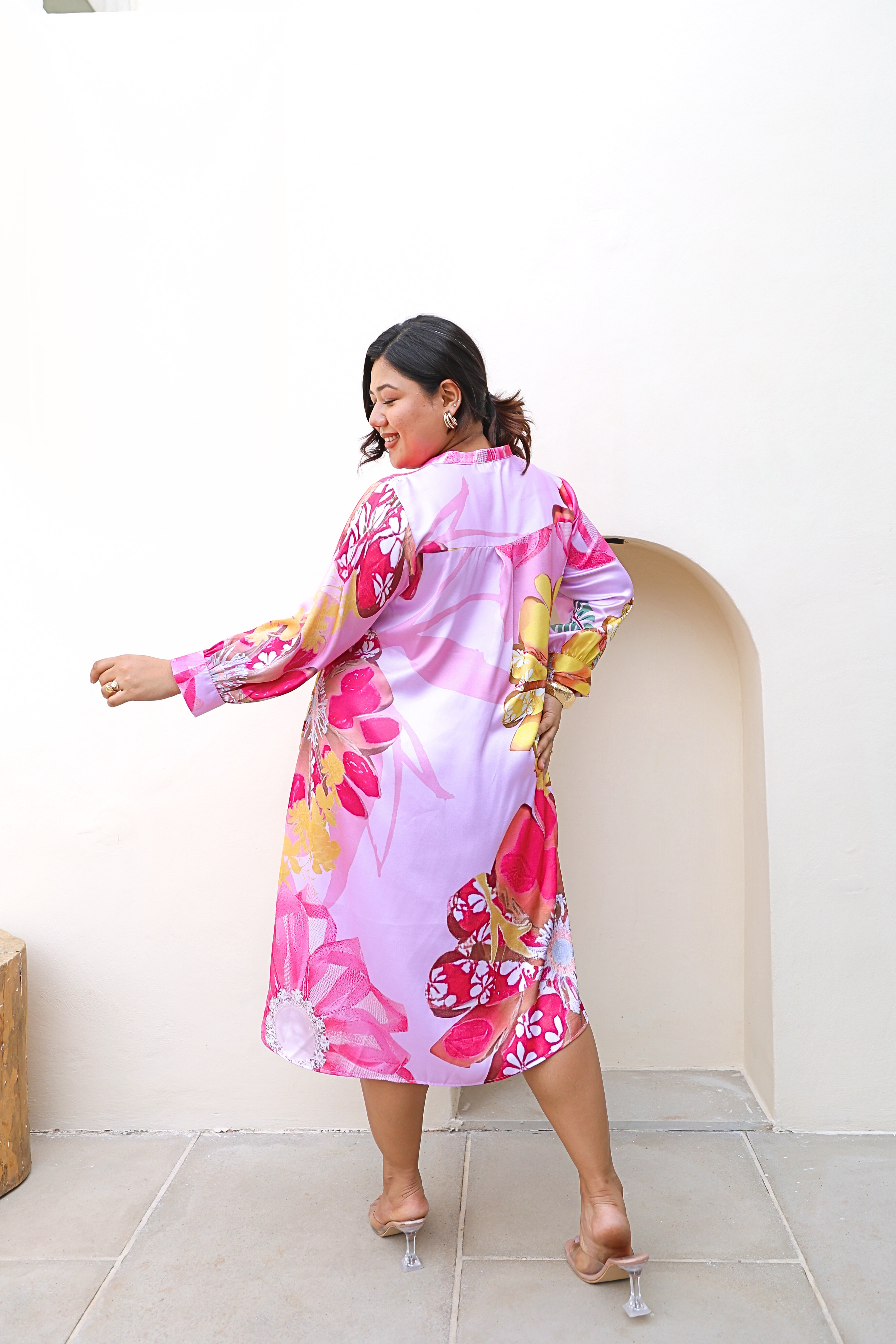 Pink Floral Print Shirt Dress