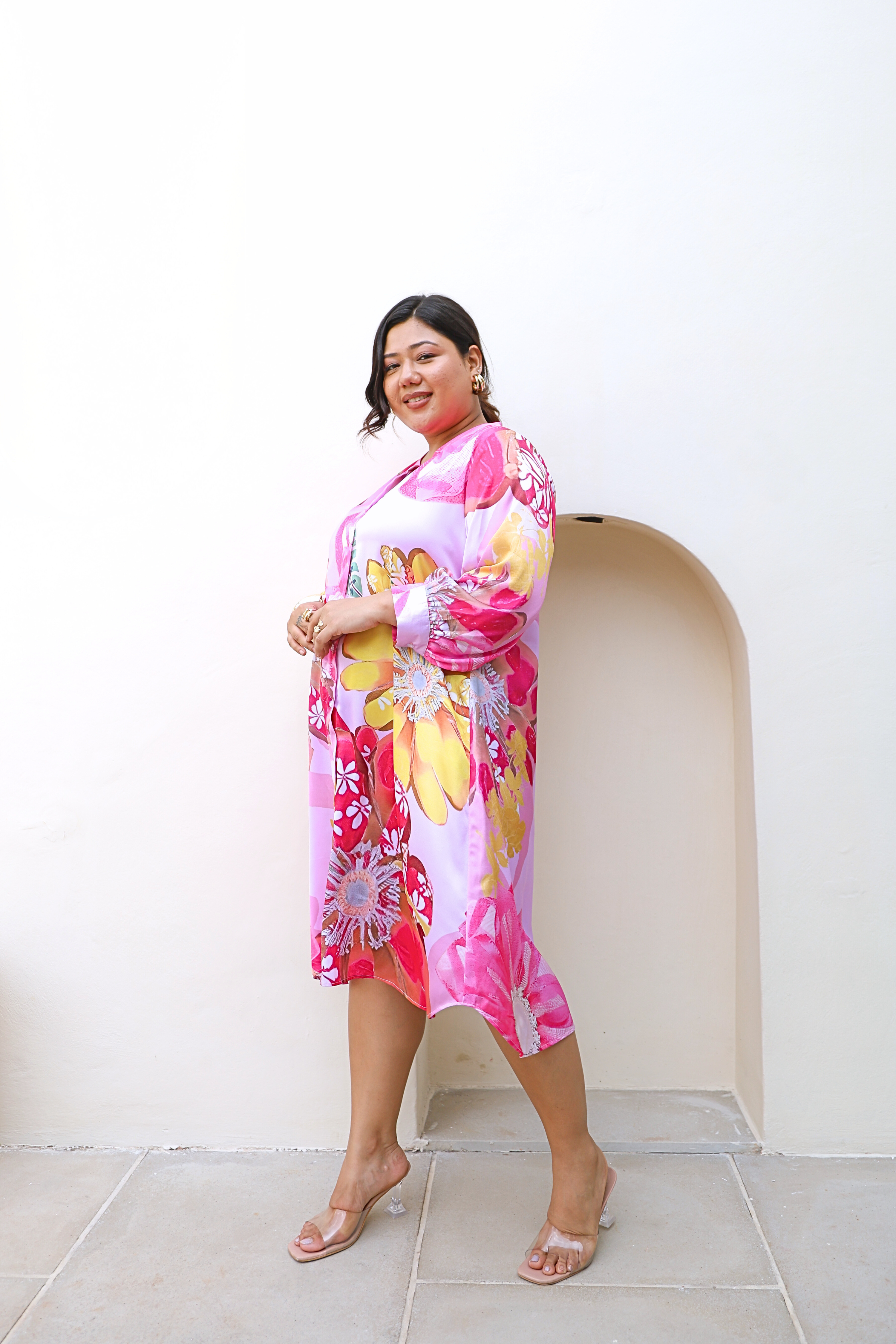 Pink Floral Print Shirt Dress