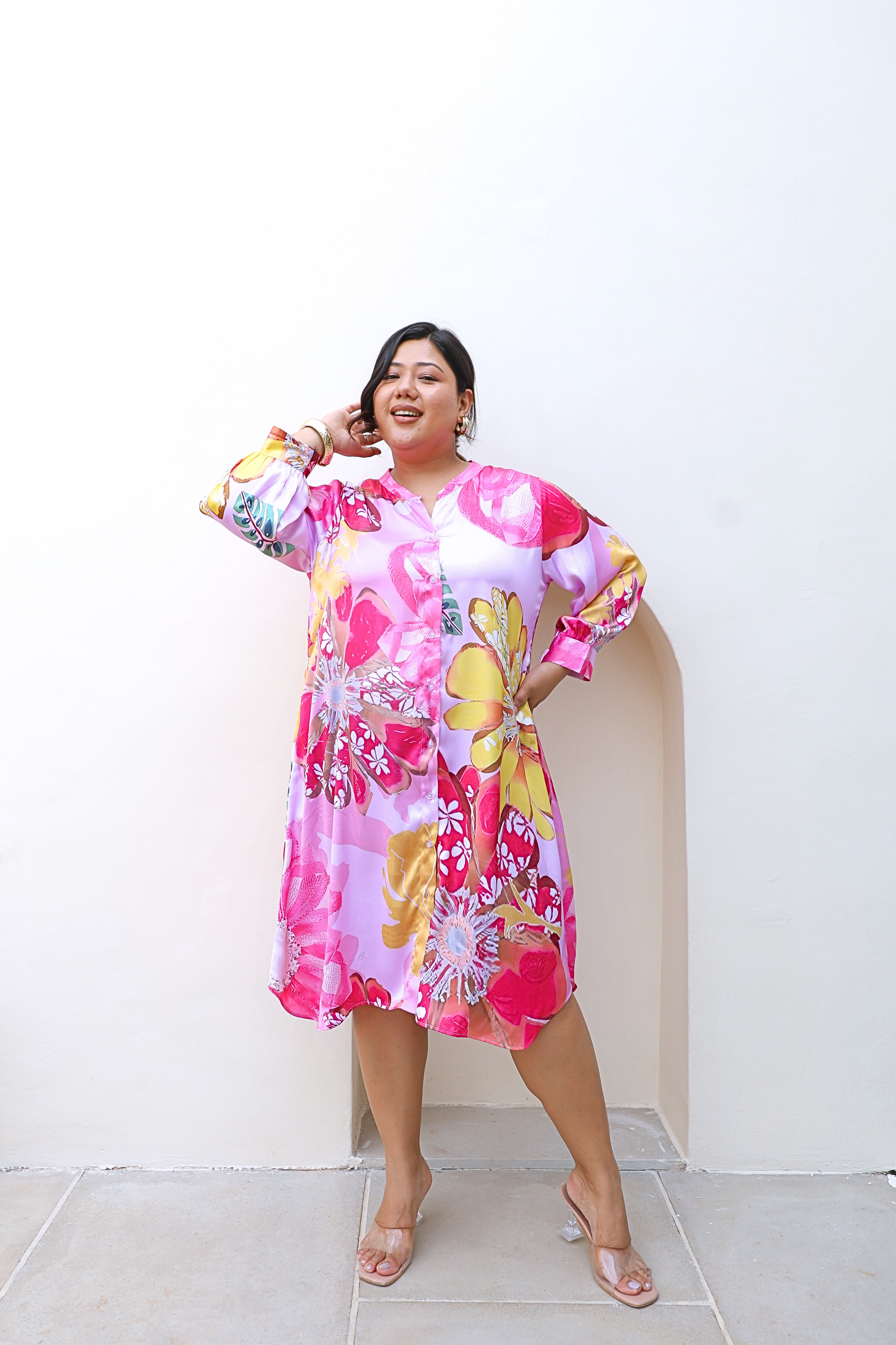 Pink Floral Print Shirt Dress