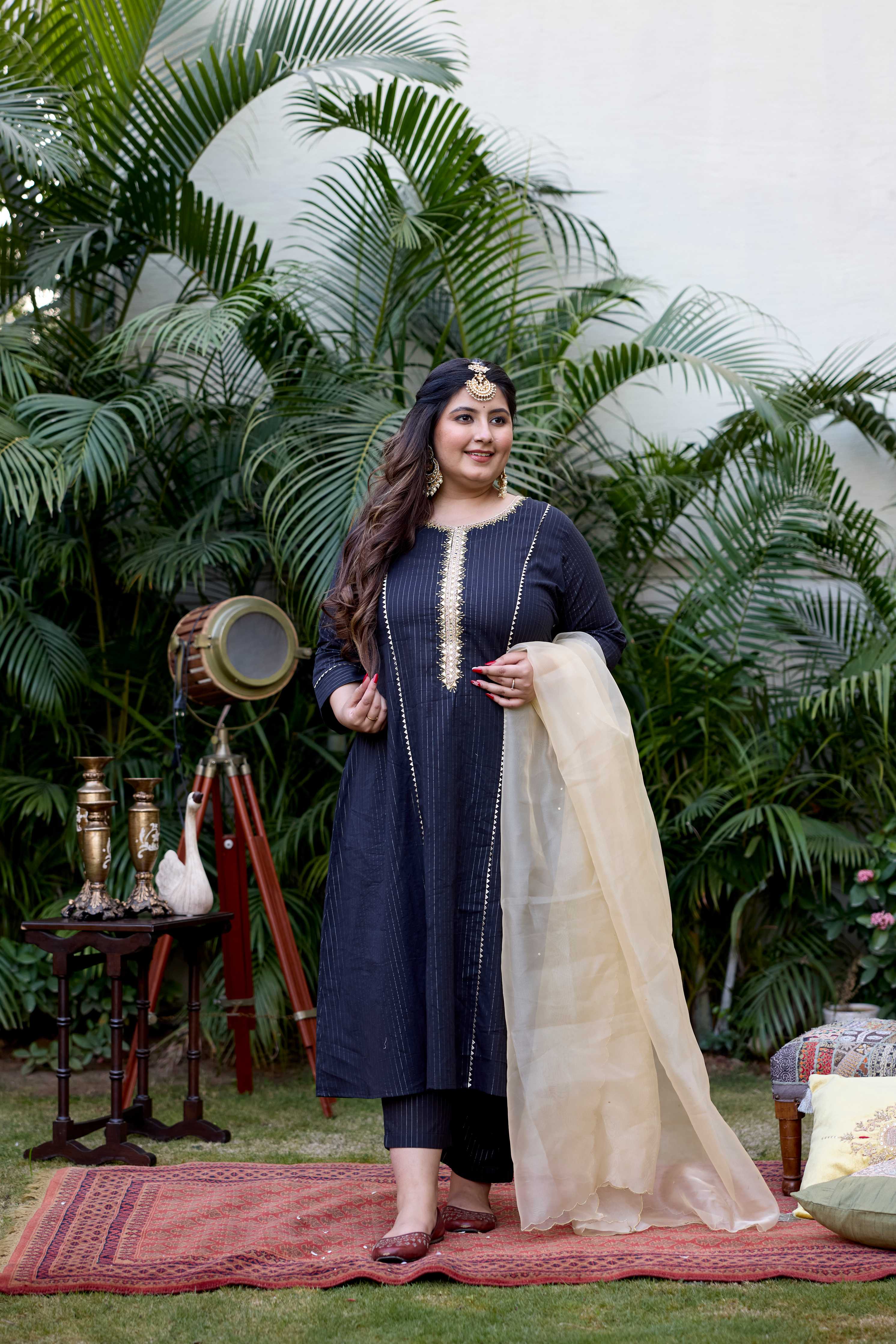 Black Golden Cotton Lurex Kurta Set - (Set of 3)