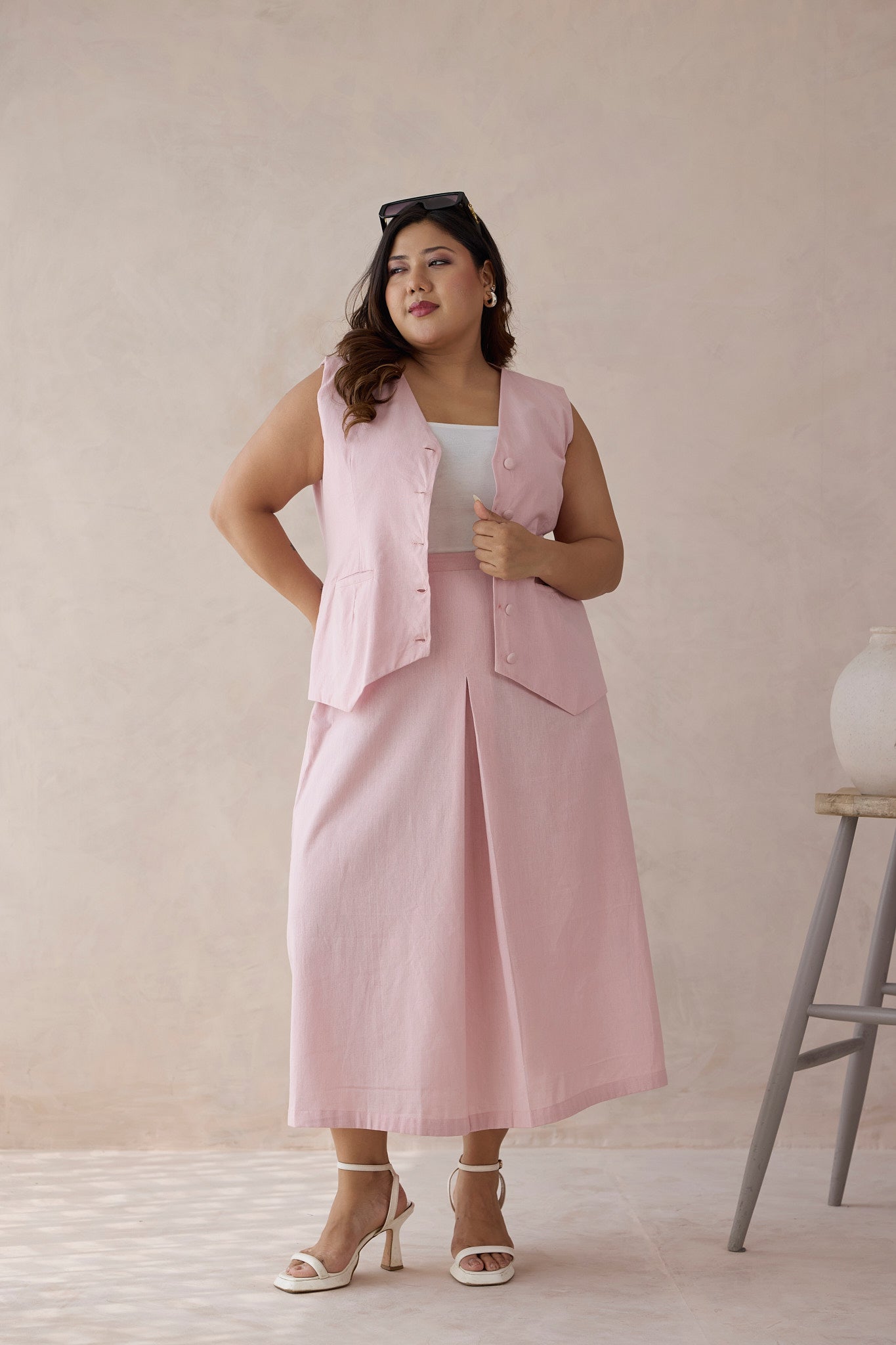 Rose Blush Linen Waistcoat Skirt Co-ord Set1