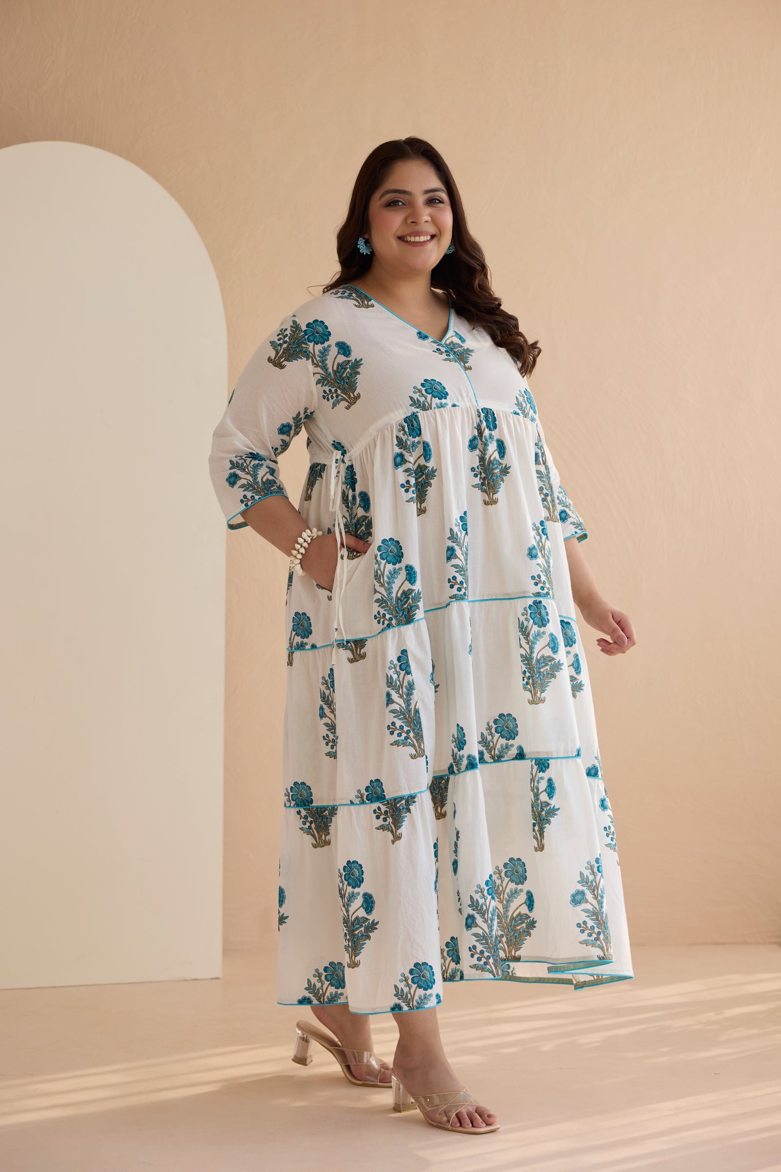 Blue Jaipur Print Cotton Tiered Dress with Drawstring