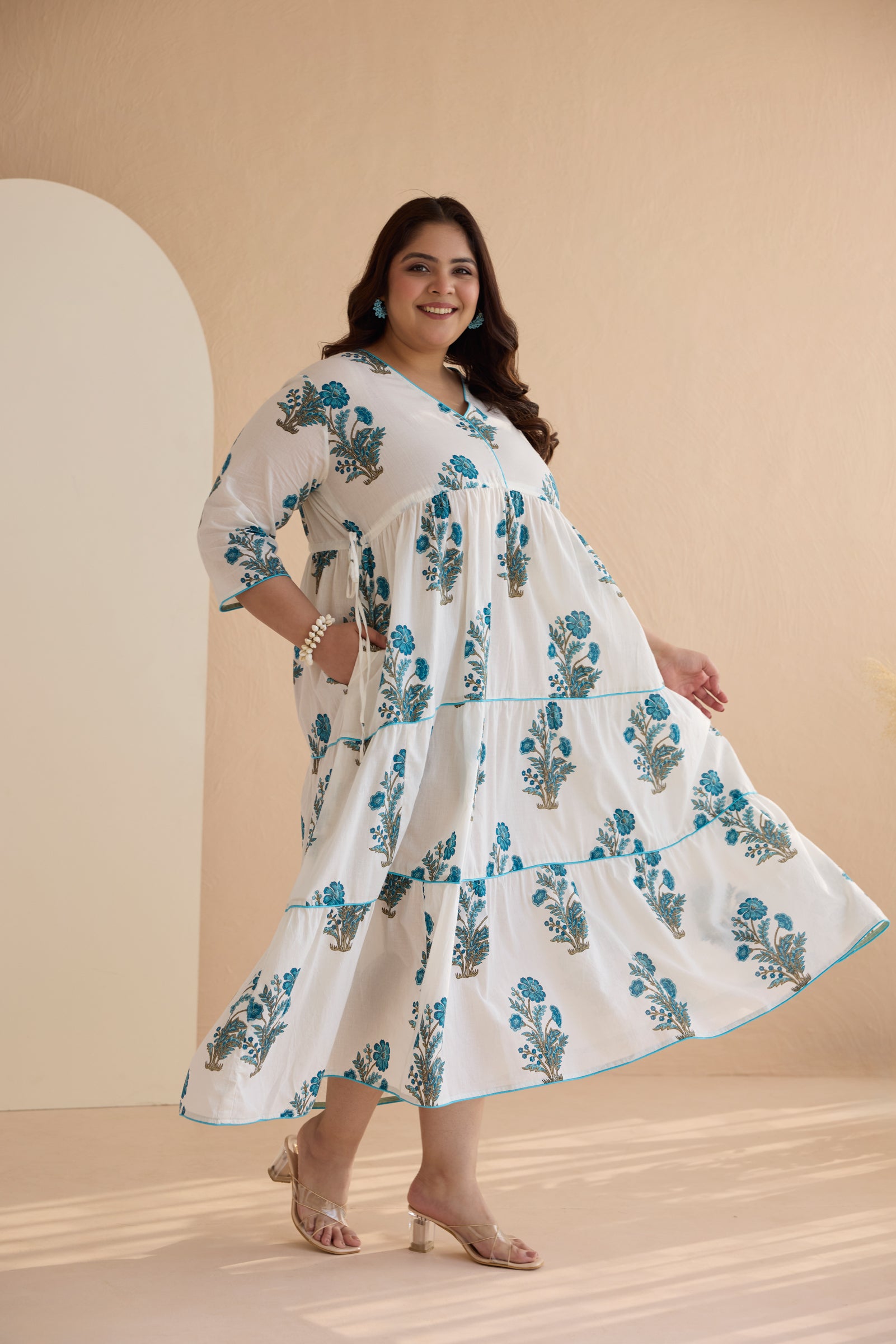 Blue Jaipur Print Cotton Tiered Dress with Drawstring