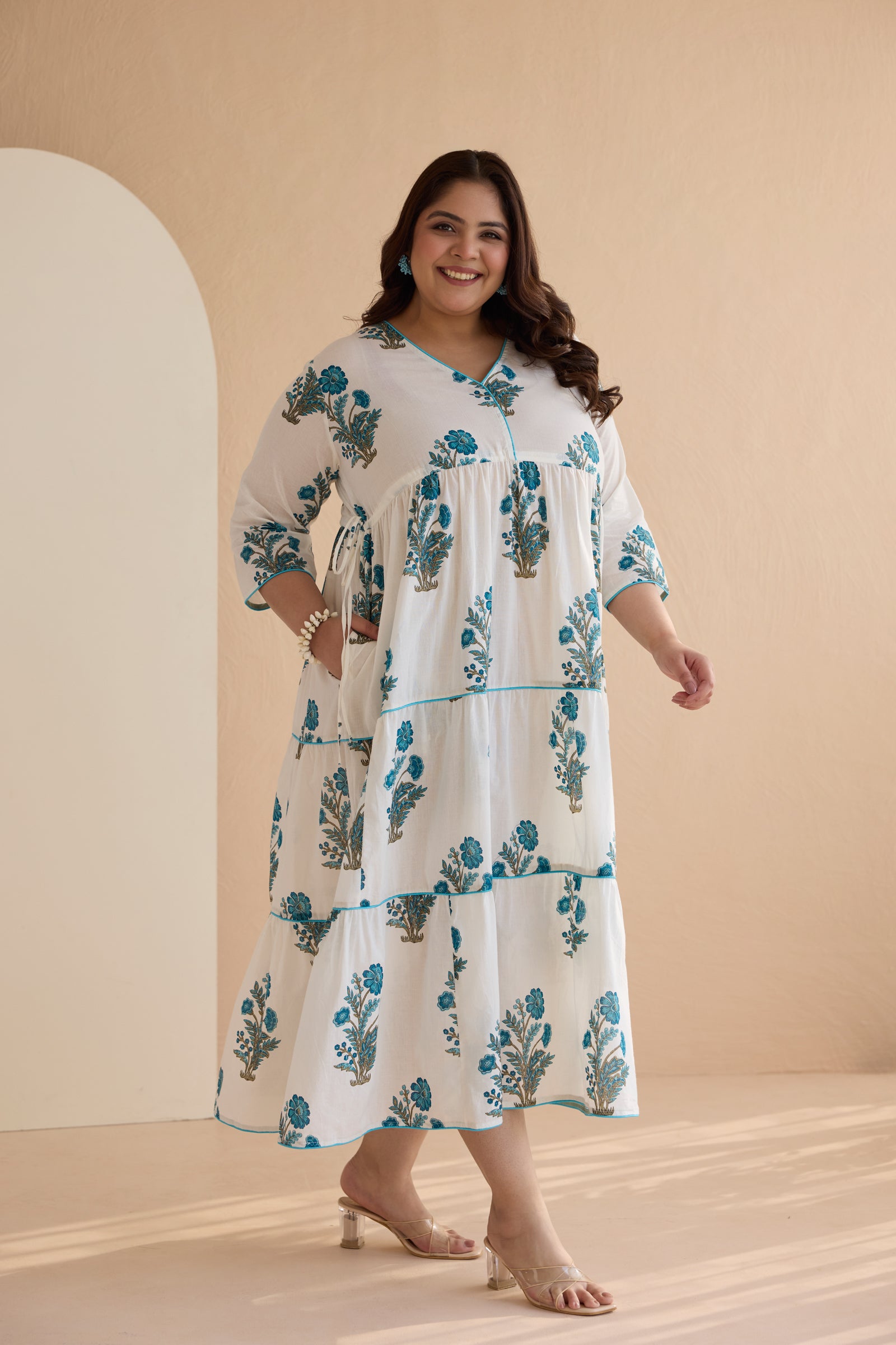 Blue Jaipur Print Cotton Tiered Dress with Drawstring