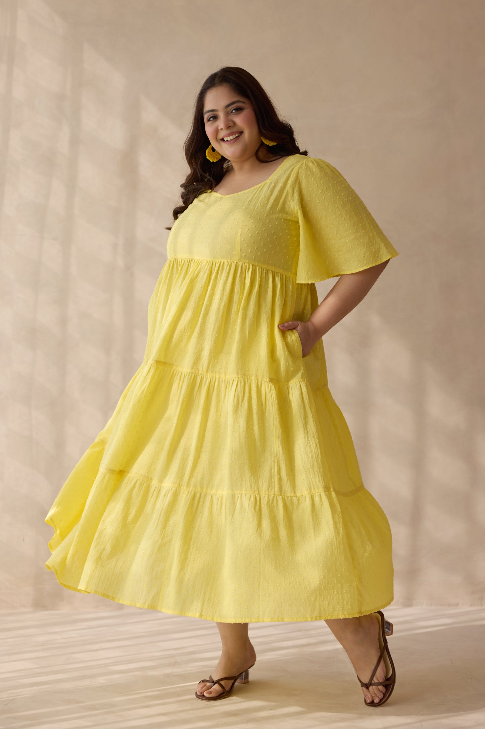 Sunflower Yellow Dobby Cotton Midi Dress