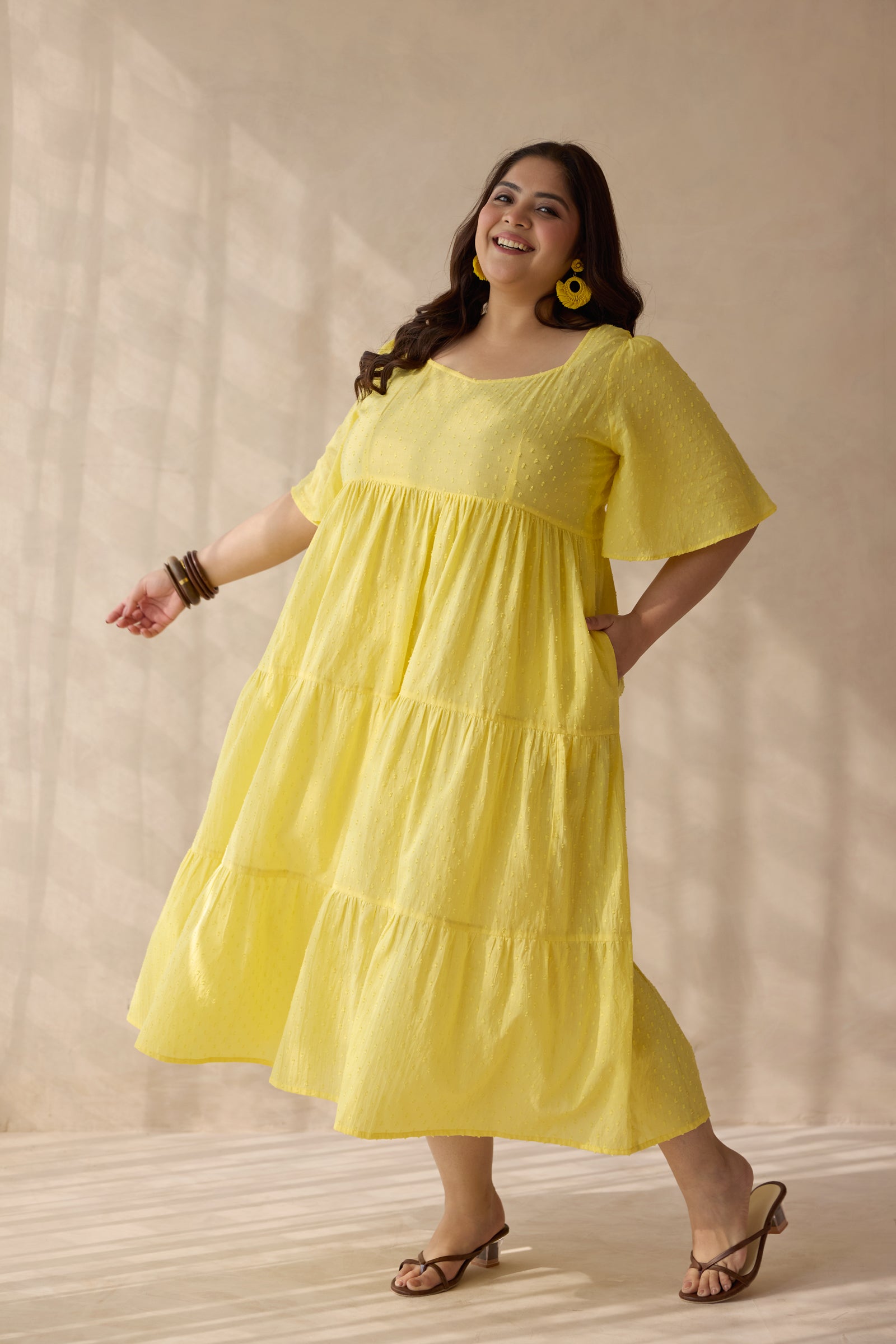 Sunflower Yellow Dobby Cotton Midi Dress