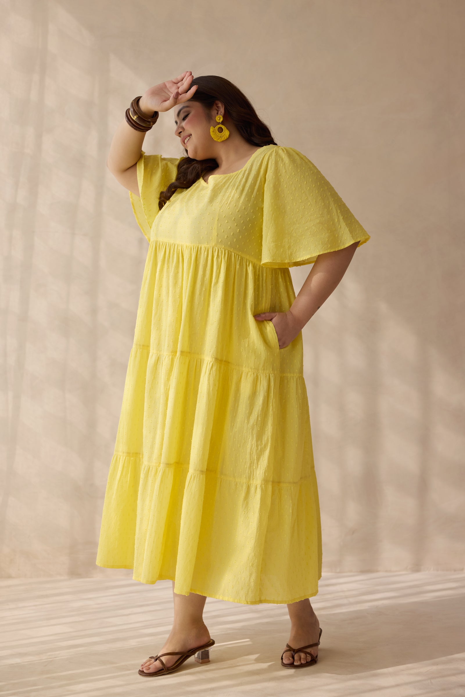 Sunflower Yellow Dobby Cotton Midi Dress