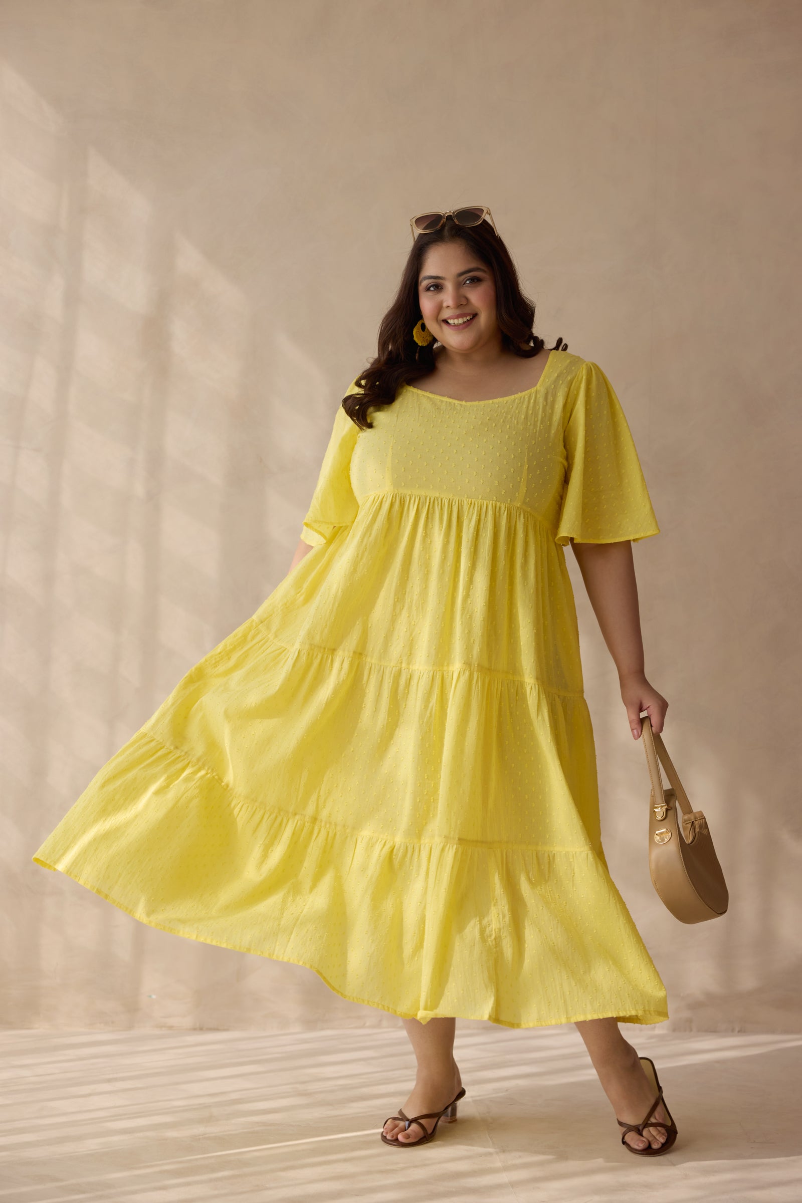 Sunflower Yellow Dobby Cotton Midi Dress