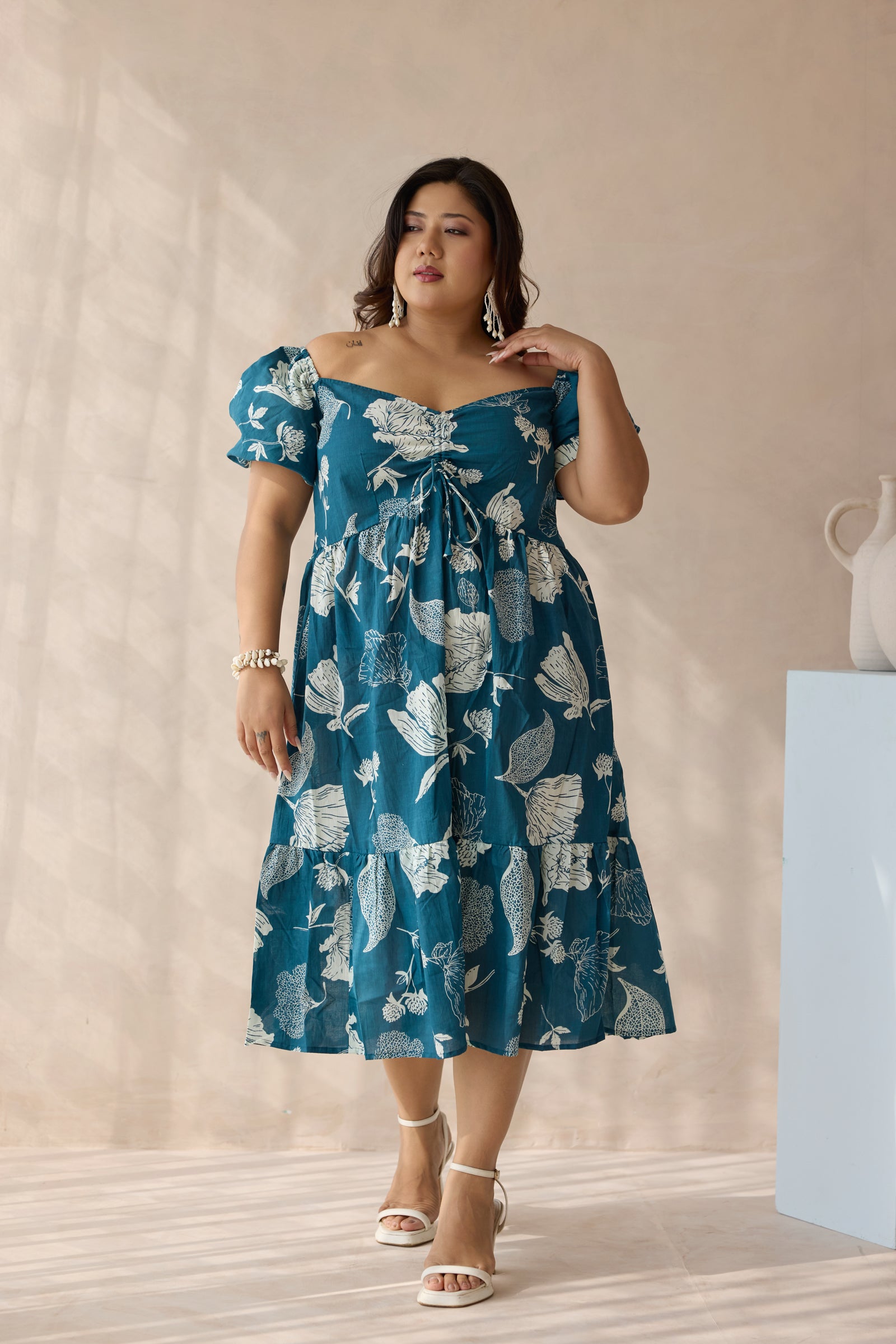 Teal Blue Floral Print Cotton Midi Dress with Drawstring