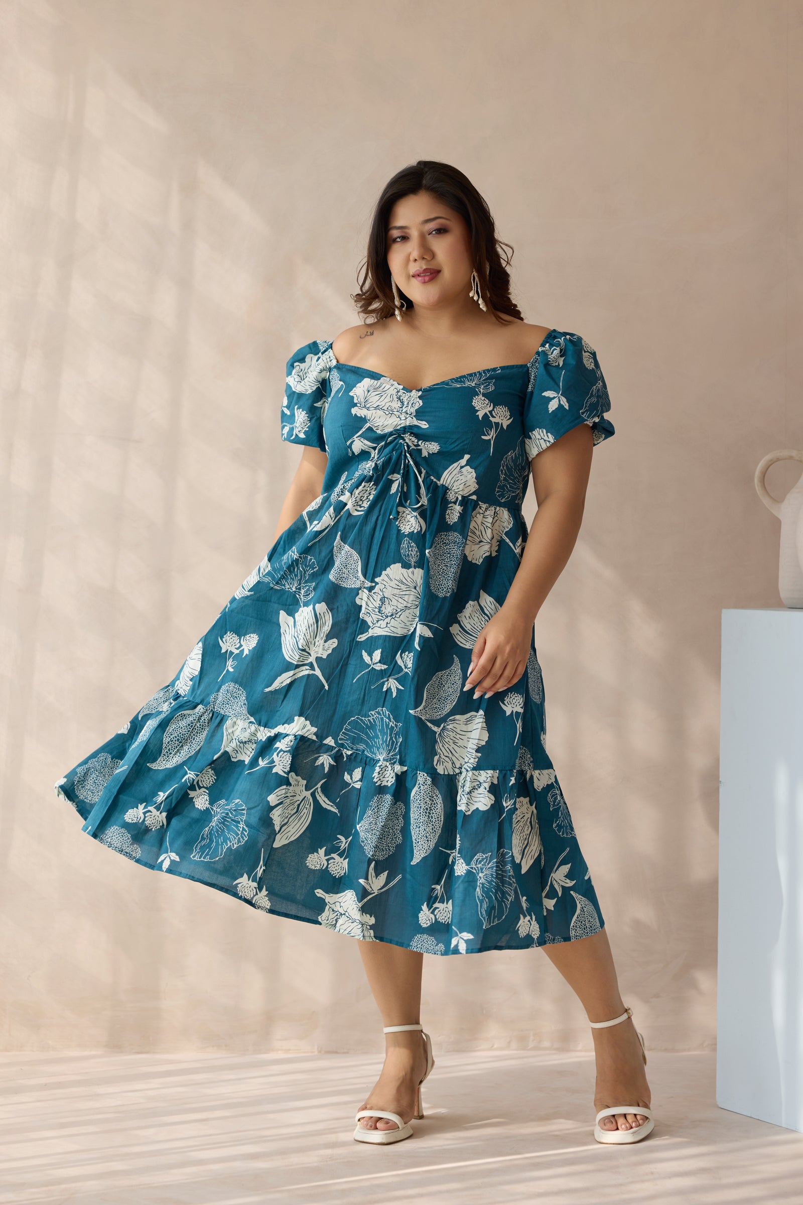 Teal Blue Floral Print Cotton Midi Dress with Drawstring