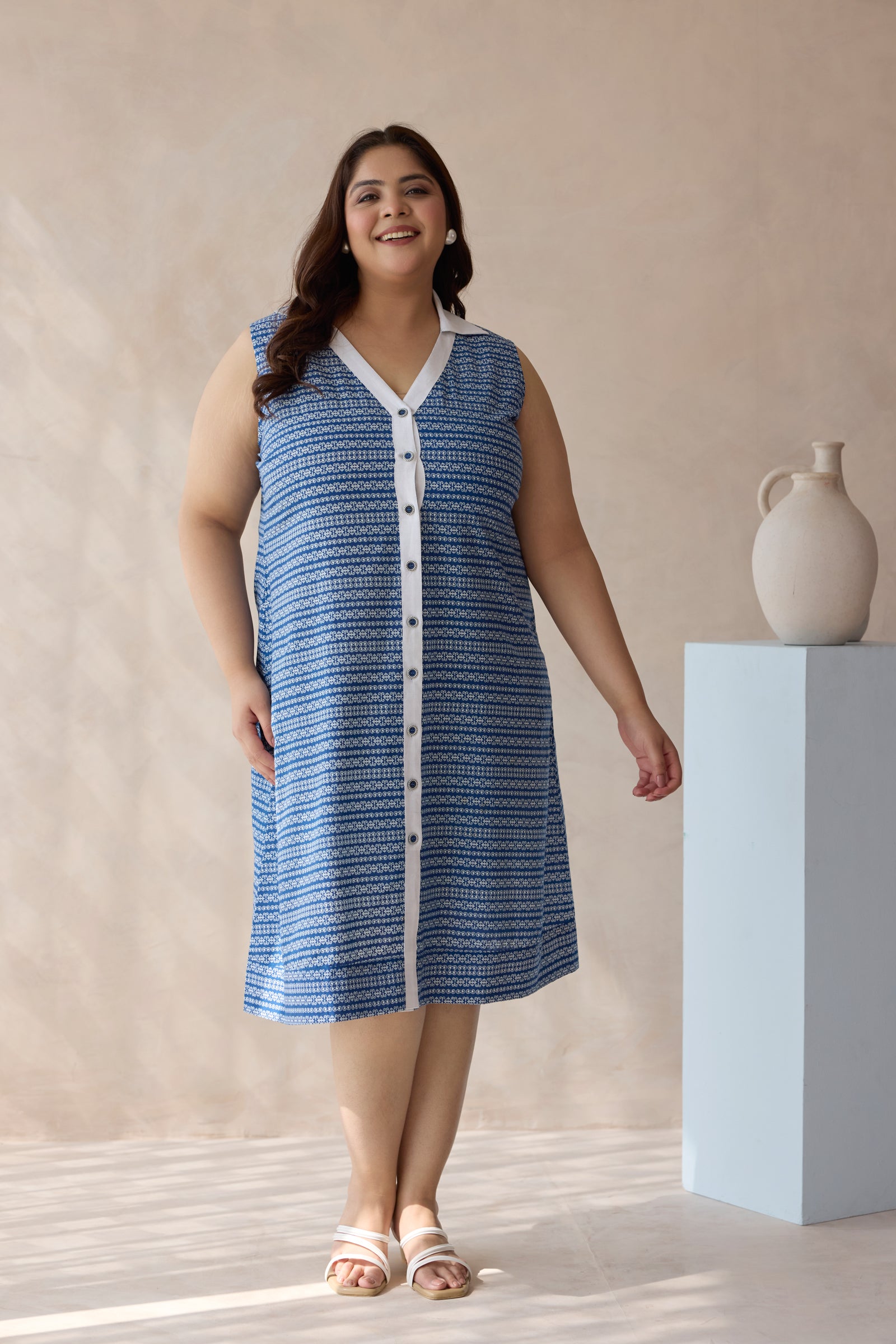 Indigo Blue Geometric Print Shift Dress