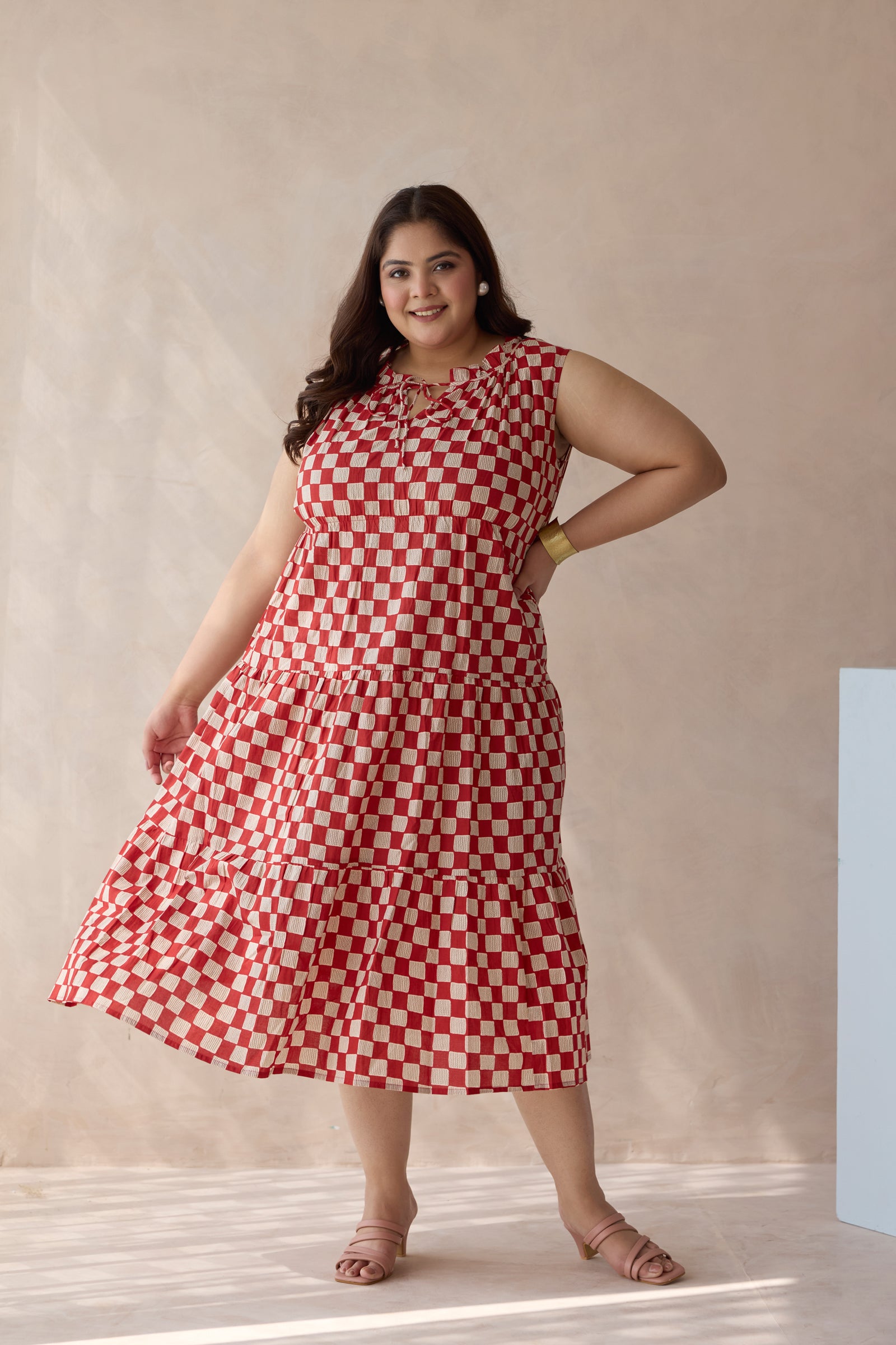 Chic Red Checkerboard Print Cotton Tiered Dress