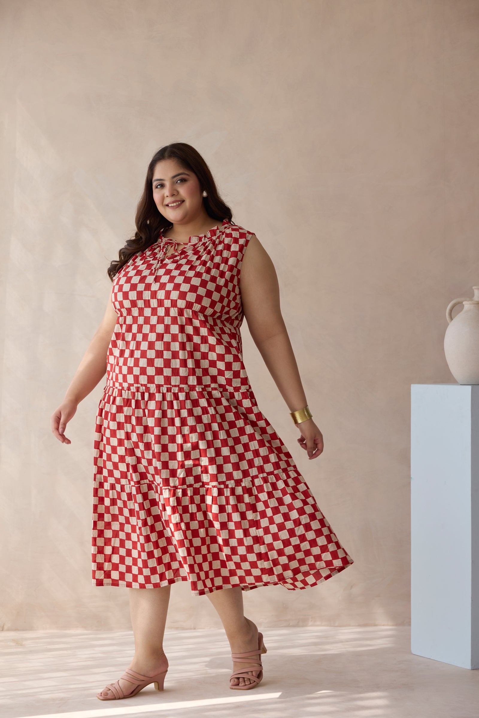 Chic Red Checkerboard Print Cotton Tiered Dress