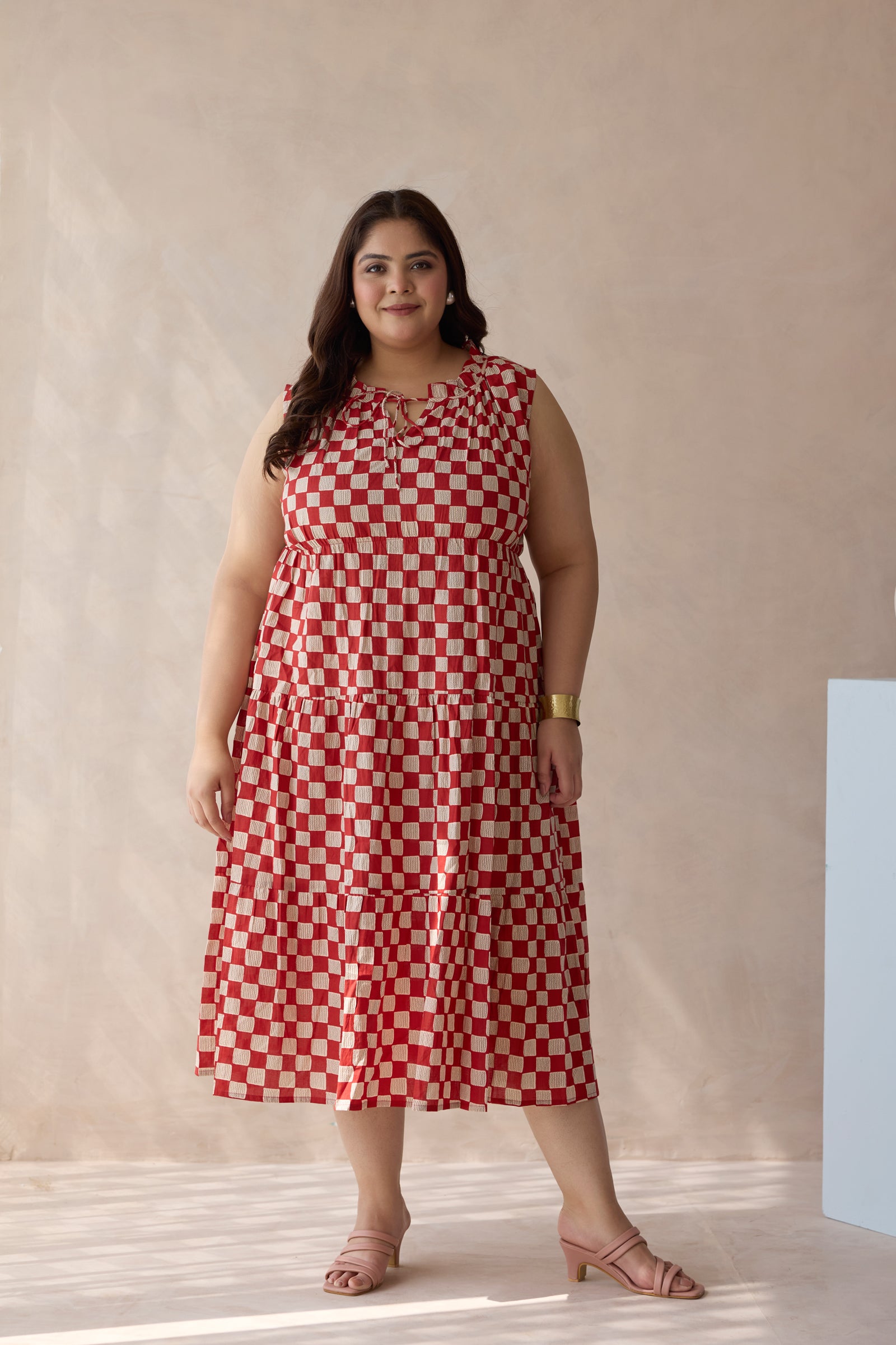Chic Red Checkerboard Print Cotton Tiered Dress