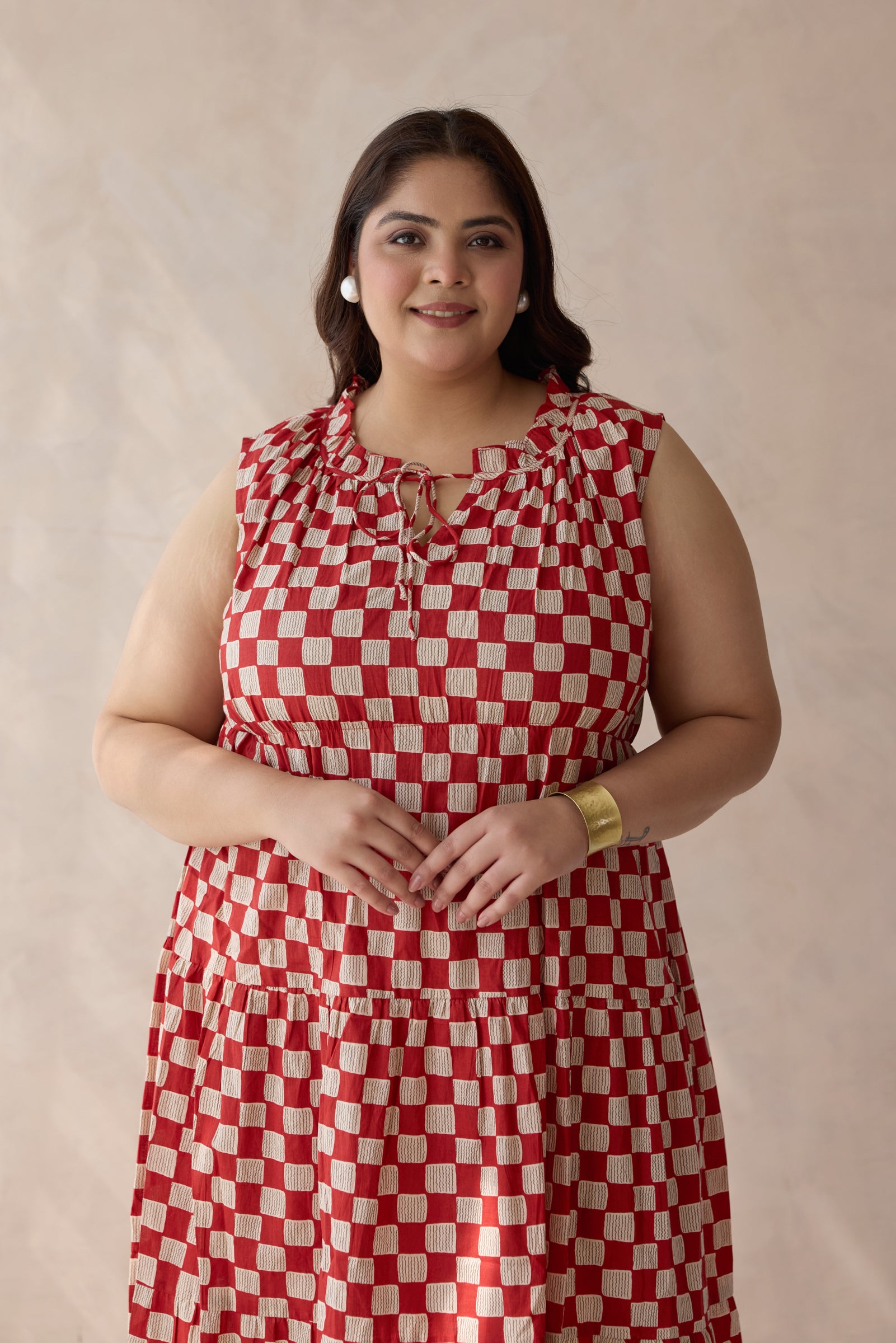 Chic Red Checkerboard Print Cotton Tiered Dress
