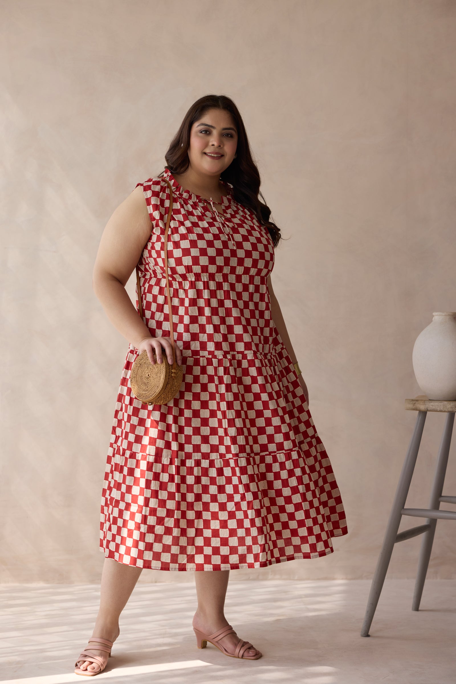Chic Red Checkerboard Print Cotton Tiered Dress