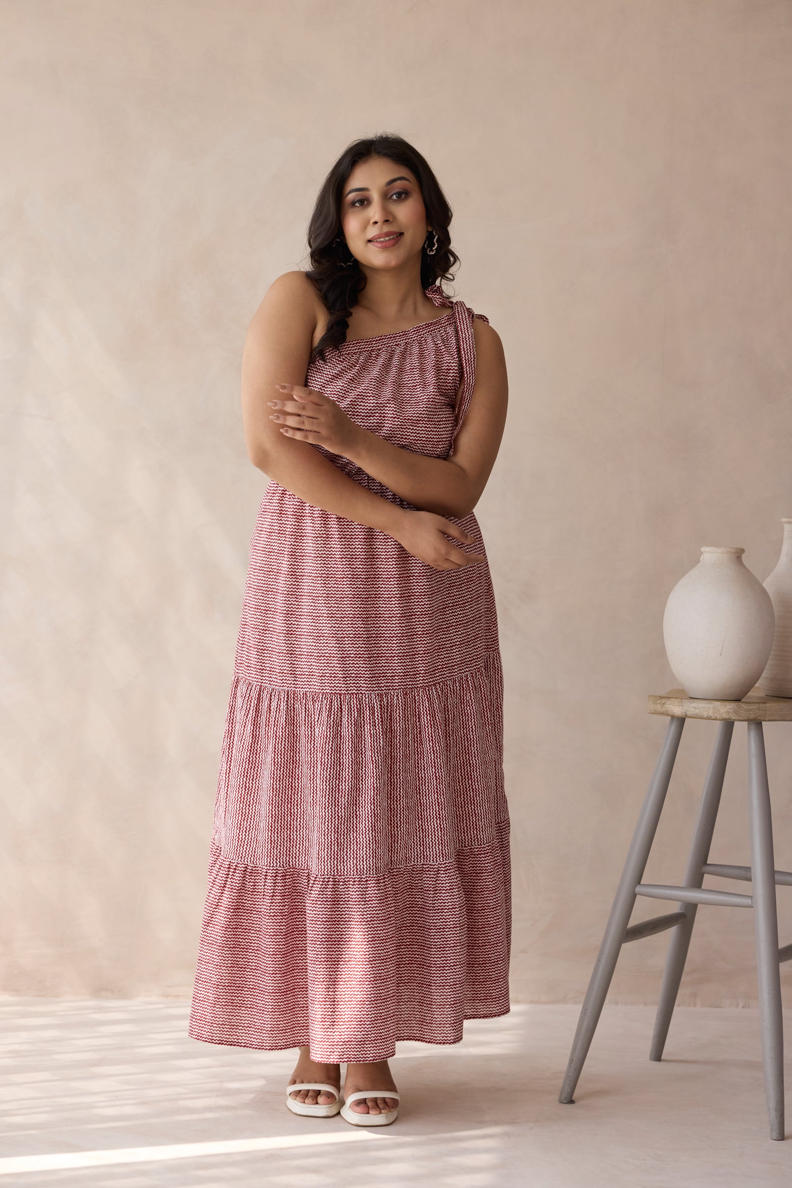 Muted Red One-Shoulder Tiered Cotton Maxi Dress