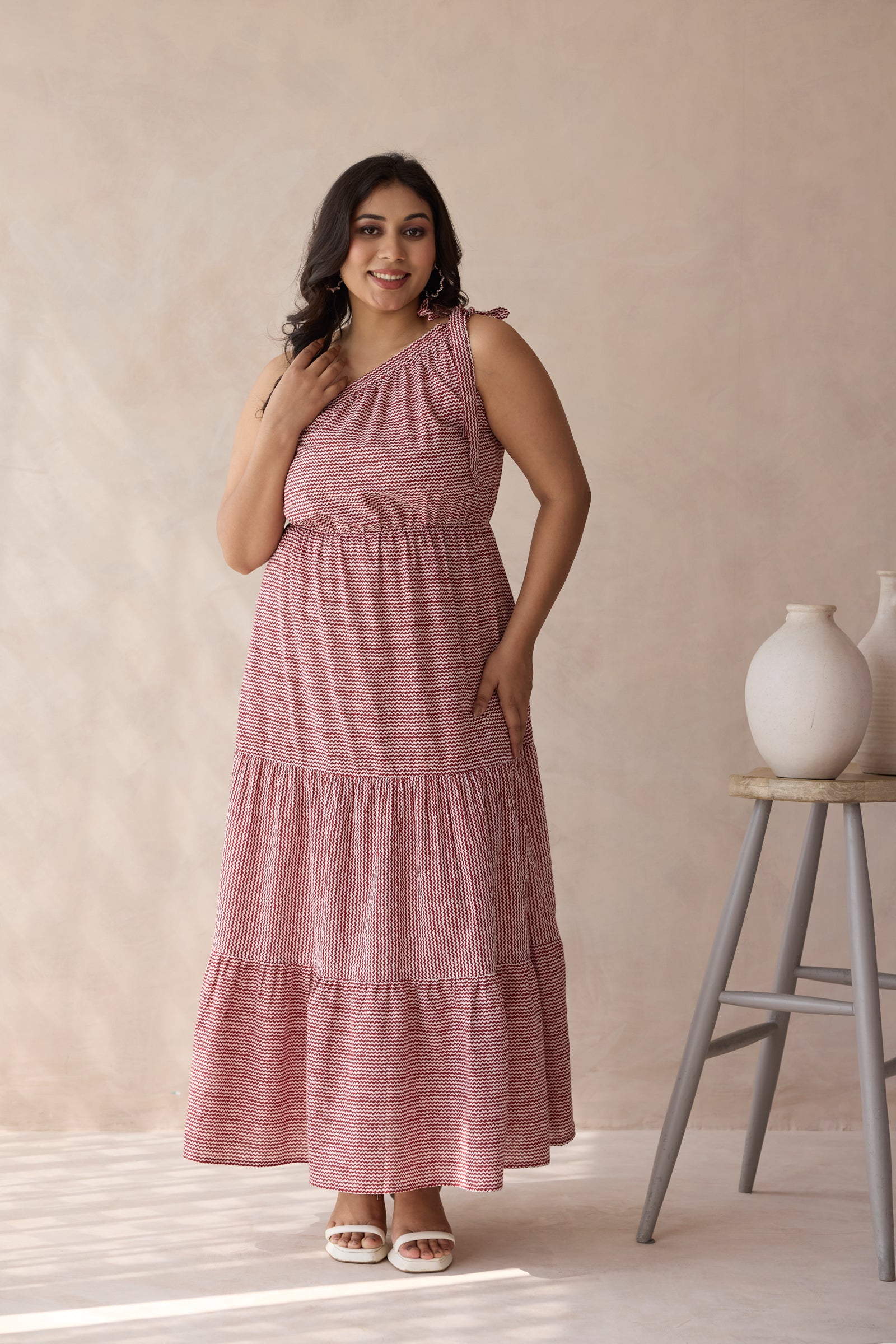 Muted Red One-Shoulder Tiered Cotton Maxi Dress