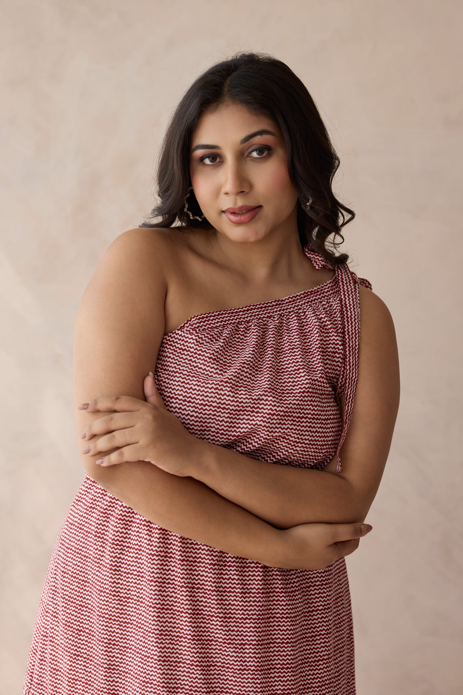 Muted Red One-Shoulder Tiered Cotton Maxi Dress