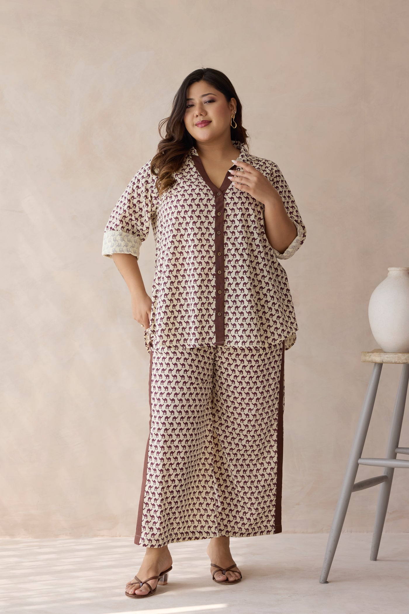 Brown Camel Printed Cotton Top & Bottom Co-ord Set