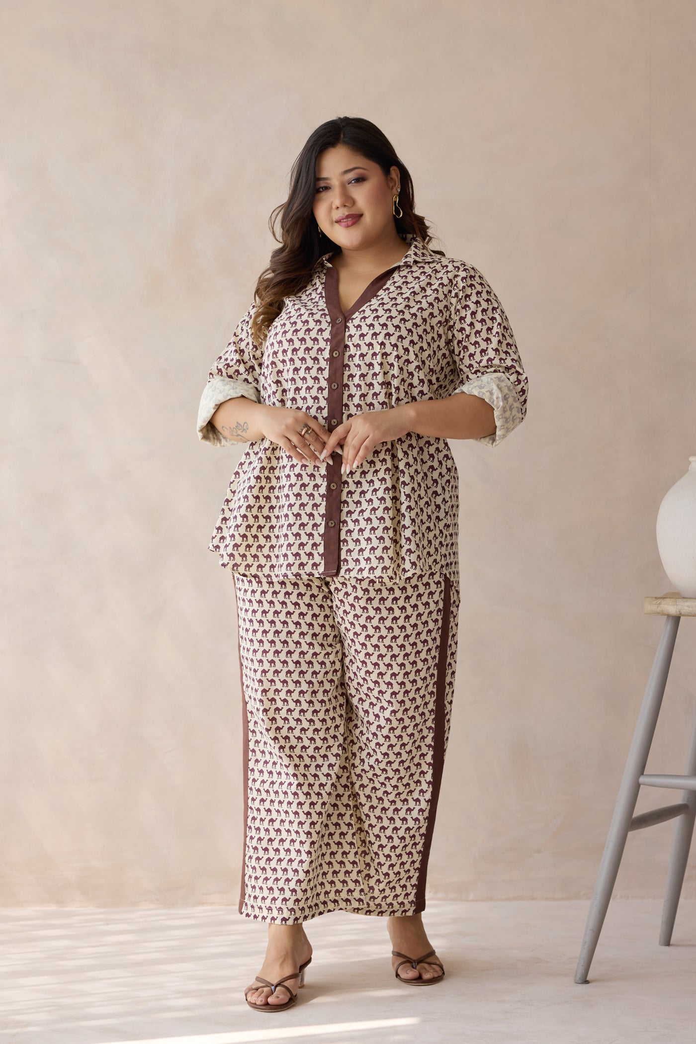 Brown Camel Printed Cotton Top & Bottom Co-ord Set