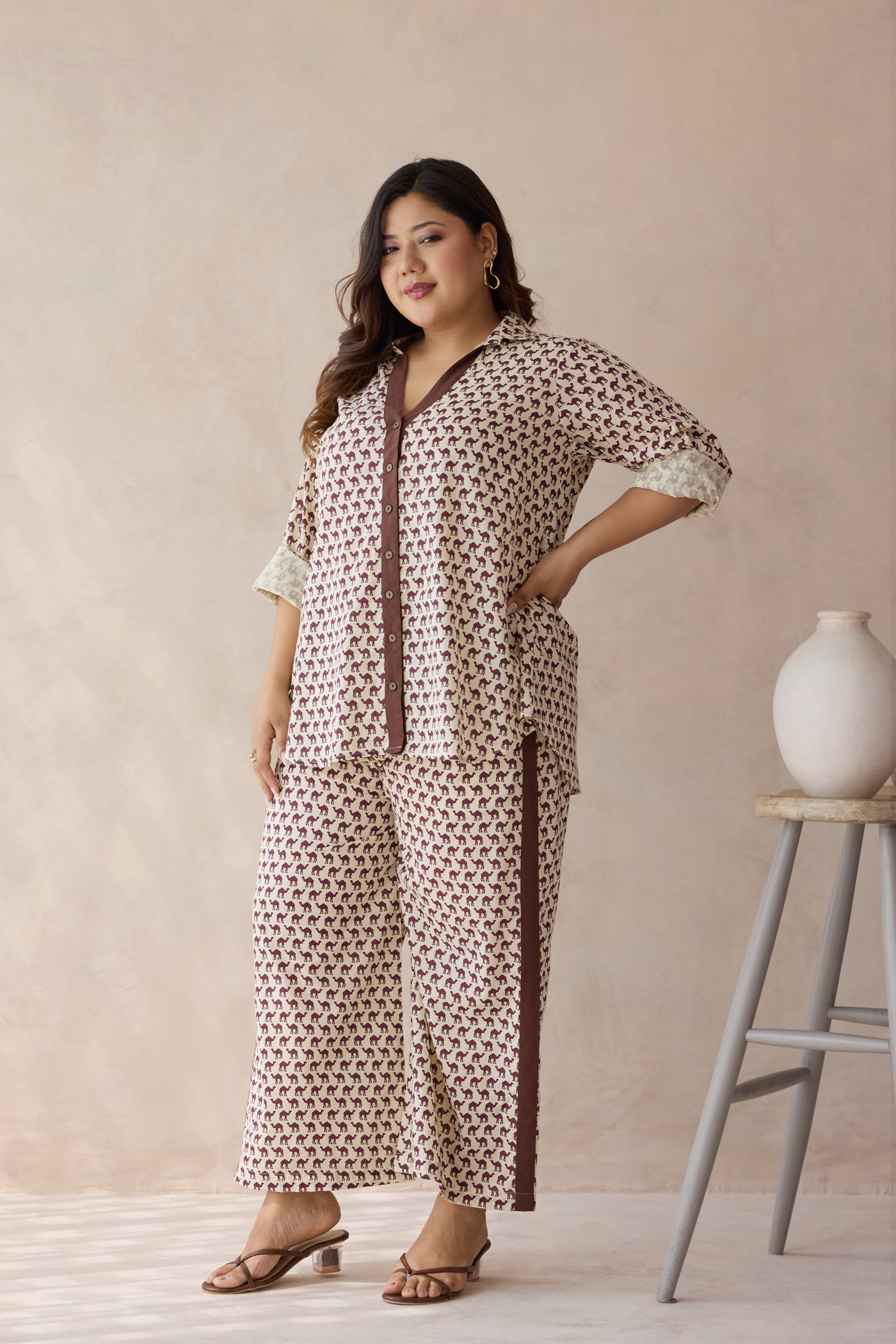 Brown Camel Printed Cotton Top & Bottom Co-ord Set