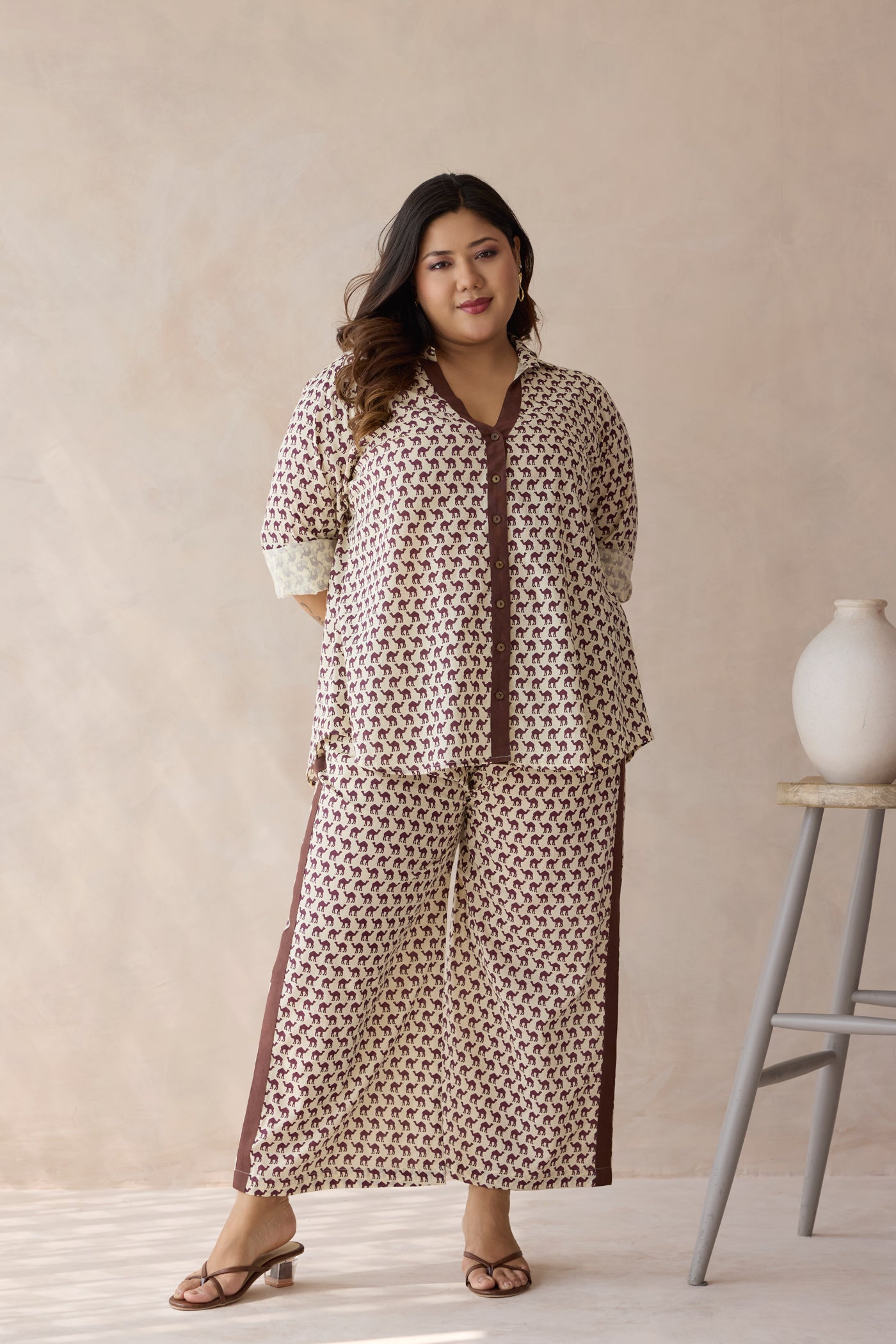 Brown Camel Printed Cotton Top & Bottom Co-ord Set